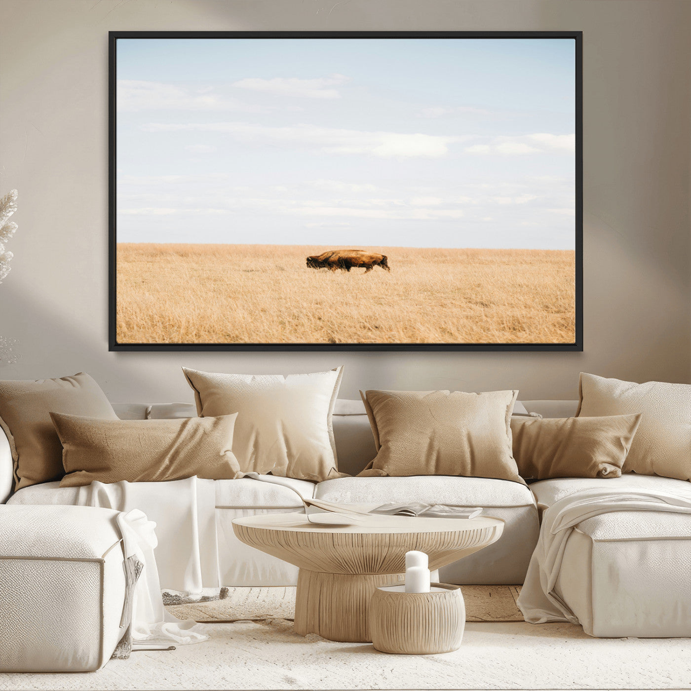 MGV-FC-36X24 - Minimalist Nature Wall Art Canvas Print, Framed Bison In Grassland Art Picture Print, Open Field Perfect Modern Ranch Decor Decor Artwork