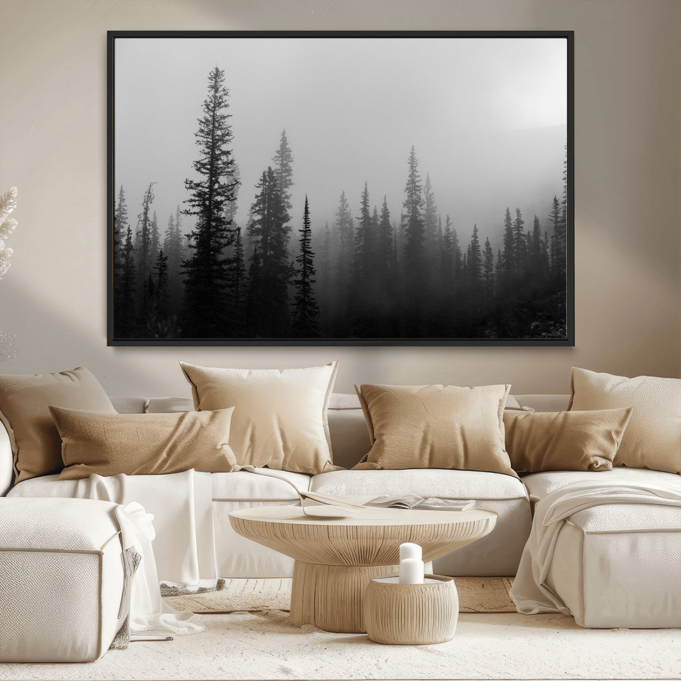 MGV-FC-36X24 - Misty Pines Wall Art Canvas Print, Framed Woodland Photography Art Picture Print, Minimalist Decor Perfect Rustic Decor Artwork