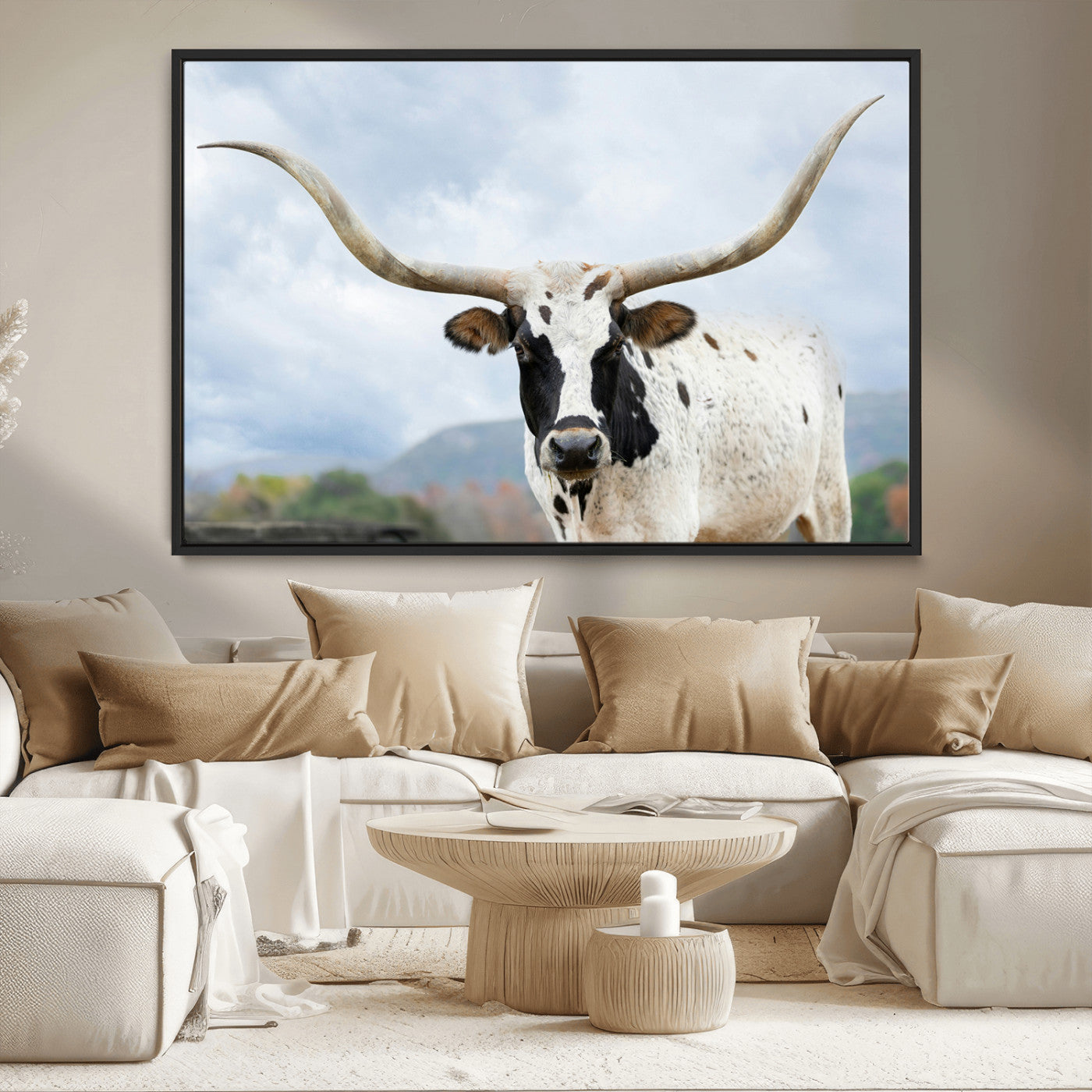 MGV-FC-36X24 - Texas Longhorn Wall Art Canvas Print, Framed Western Rustic Art Picture Print, Farmhouse Decor Perfect Farmhouse Decor Artwork