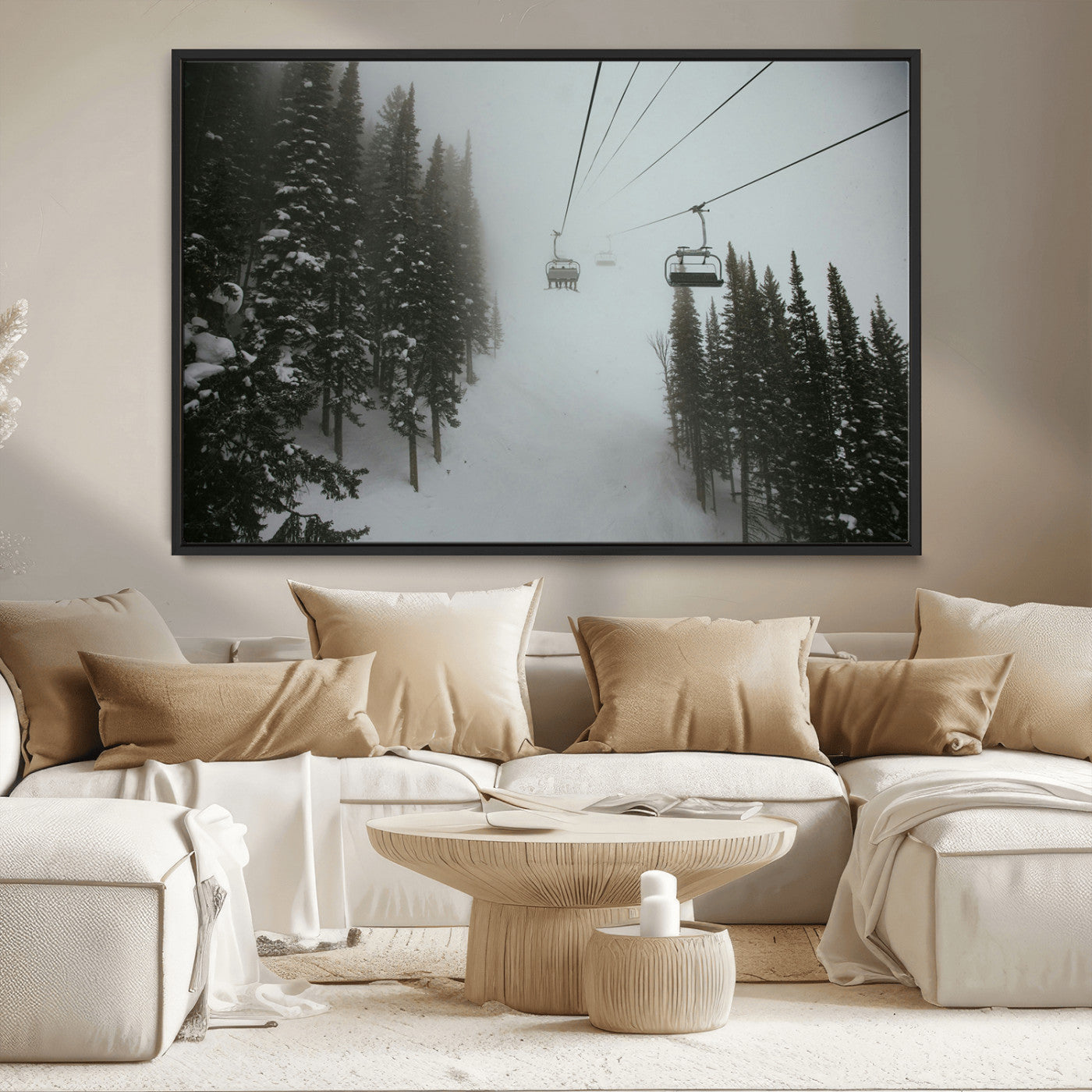 MGV-FC-36X24 - Ski Lift Wall Art Canvas Print, Framed Snowy Pines Art Picture Print, Misty Landscape Perfect Winter Serenity Decor Artwork