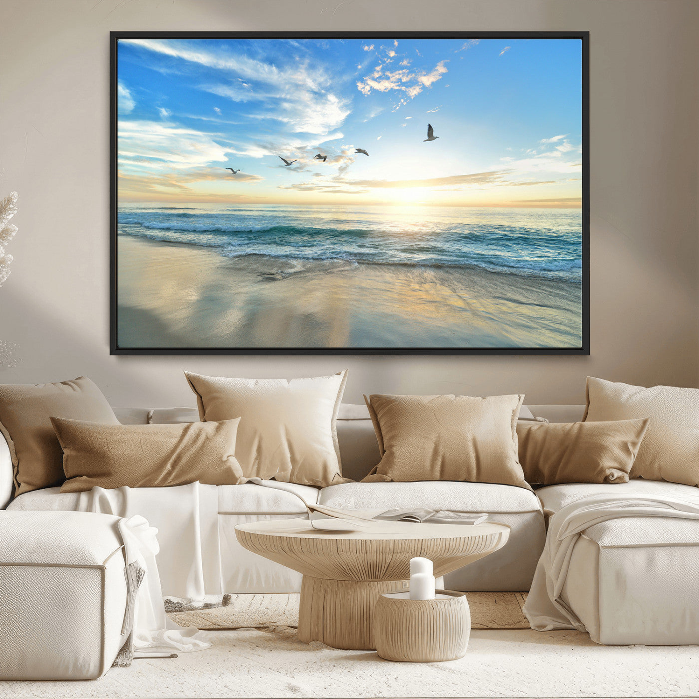 MGV-FC-36X24 - Minimalist Seaside Wall Art Canvas Print, Framed Morning Glow Art Picture Print, Golden Reflections Perfect Coastal Minimalist Decor Artwork