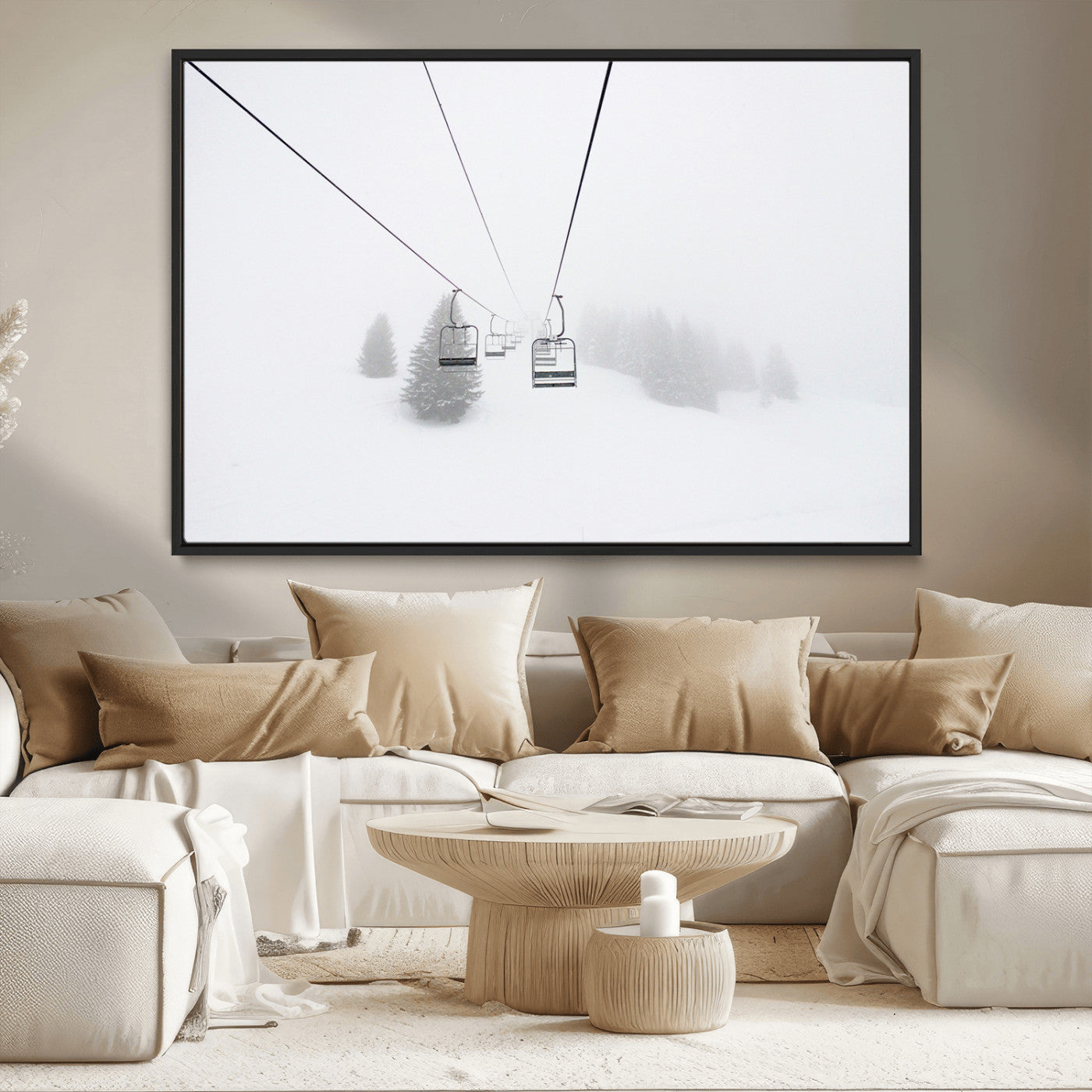 MGV-FC-36X24 - Ski Lift Wall Art Canvas Print, Framed Snowy Landscape Art Picture Print, Alpine Adventure Perfect Nordic Minimalist Decor Artwork