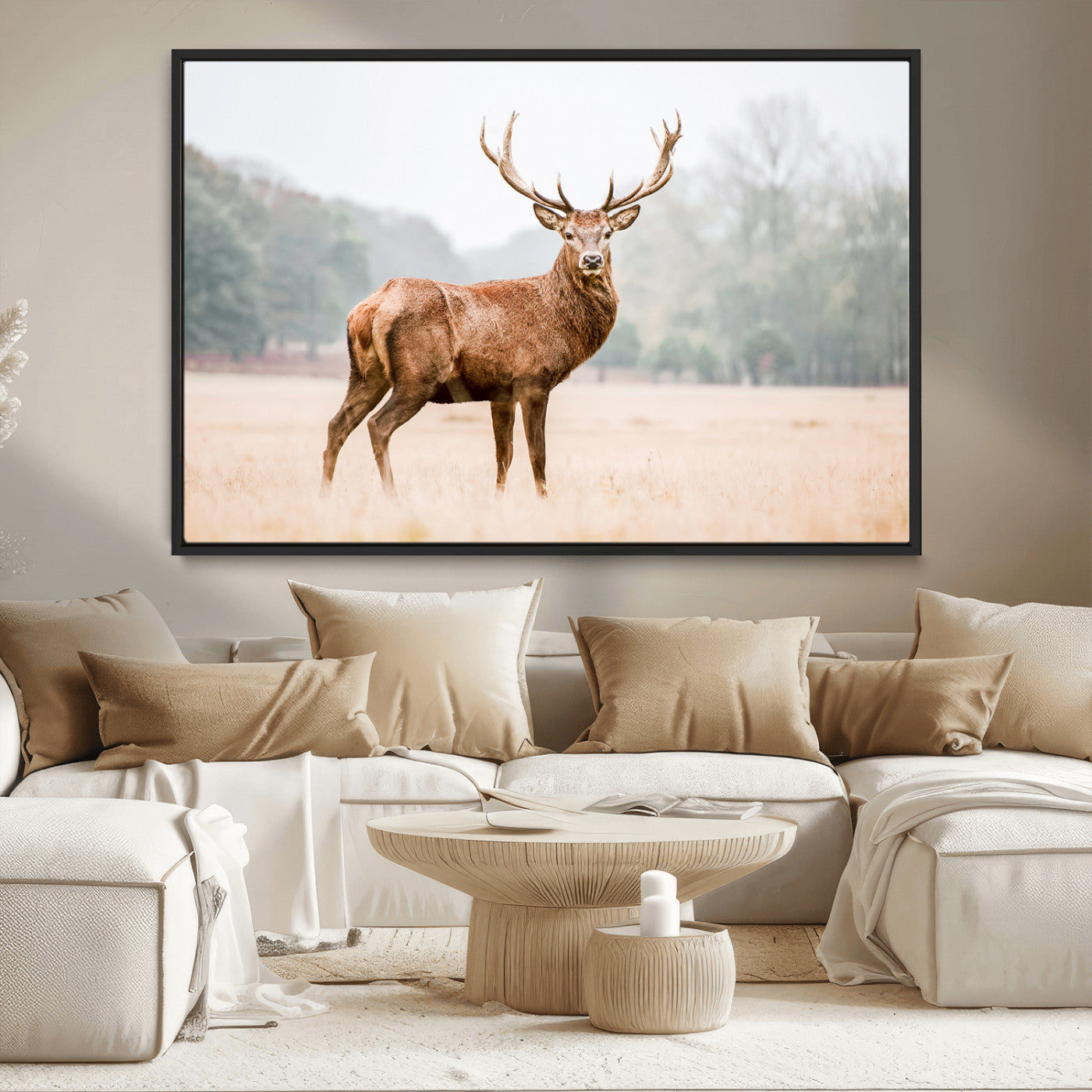 MGV-FC-36X24 - Vintage Wildlife Art Wall Art Canvas Print, Framed Misty Landscape Art Picture Print, Deer Wall Art Perfect Rustic Wildlife Decor Artwork