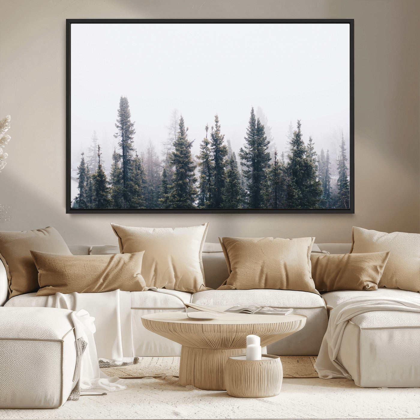 MGV-FC-36X24 - Foggy Forest Wall Art Canvas Print, Framed Misty Pines Art Picture Print, Moody Woodland Perfect Scandinavian Minimalist Decor Artwork