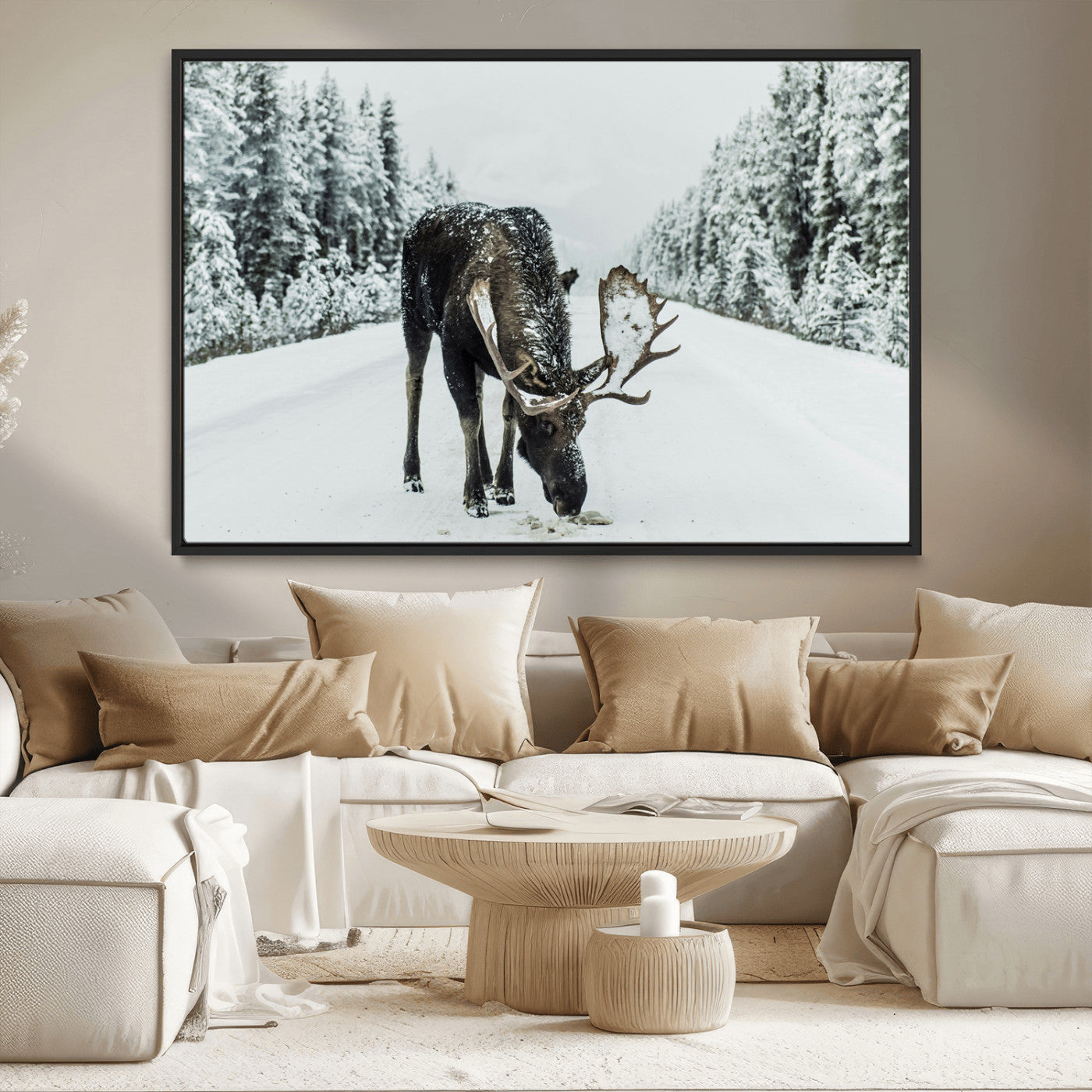 MGV-FC-36X24 - Moose in Snow Wall Art Canvas Print, Framed Winter Wildlife Art Picture Print, Snowy Forest Scene Perfect Rustic Lodge Decor Artwork