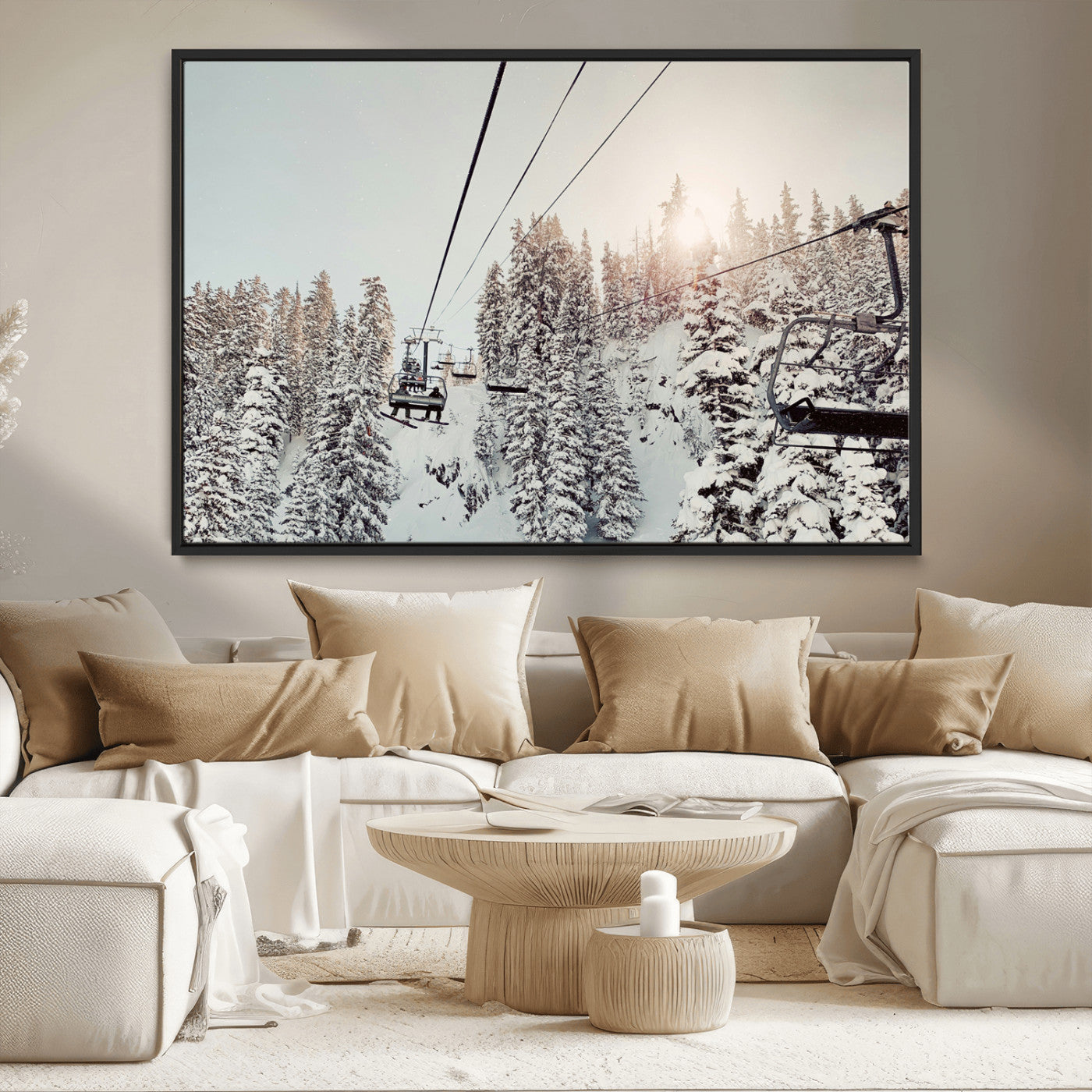 MGV-FC-36X24 - Frosty Pines Wall Art Canvas Print, Framed Cozy Cabin View Art Picture Print, Ski Lift Ride Perfect Rustic Lodge Decor Artwork