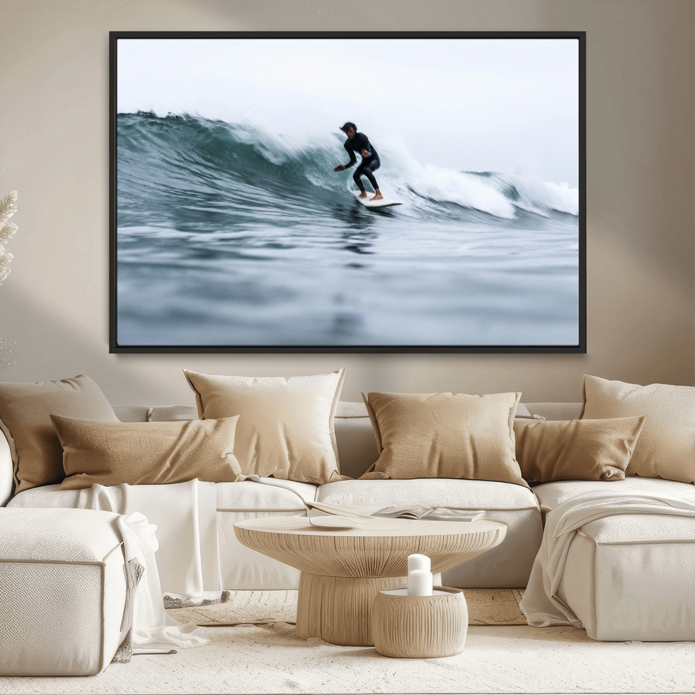 MGV-FC-36X24 - Surfer on Wave Wall Art Canvas Print, Framed Ocean Adventure Art Picture Print, Motion Blur Water Perfect Coastal Adventure Decor Artwork