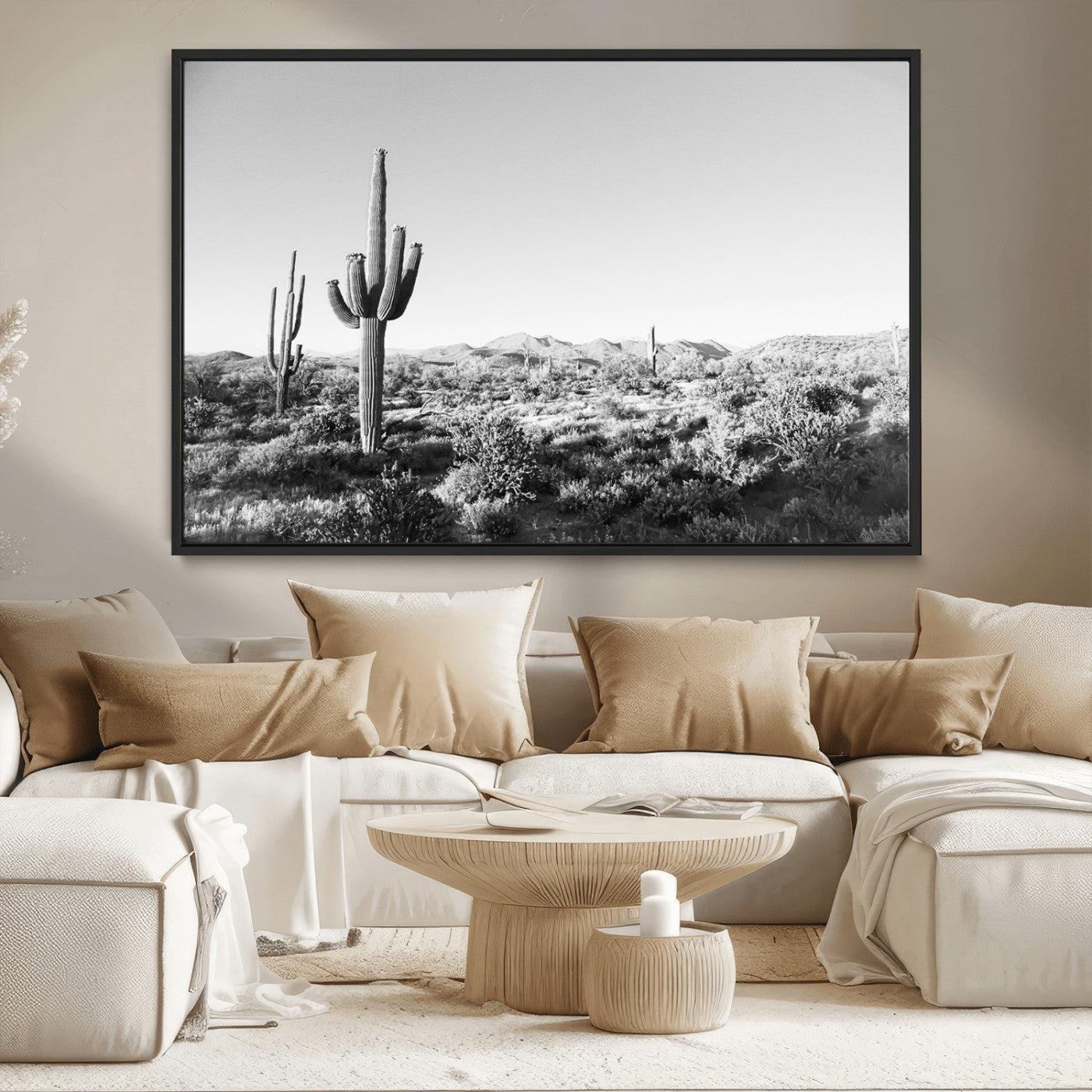 MGV-FC-36X24 - Saguaro Cactus Wall Art Canvas Print, Framed Monochrome Landscape Art Picture Print, Scenic Arizona View Perfect Minimalist Western Decor Artwork
