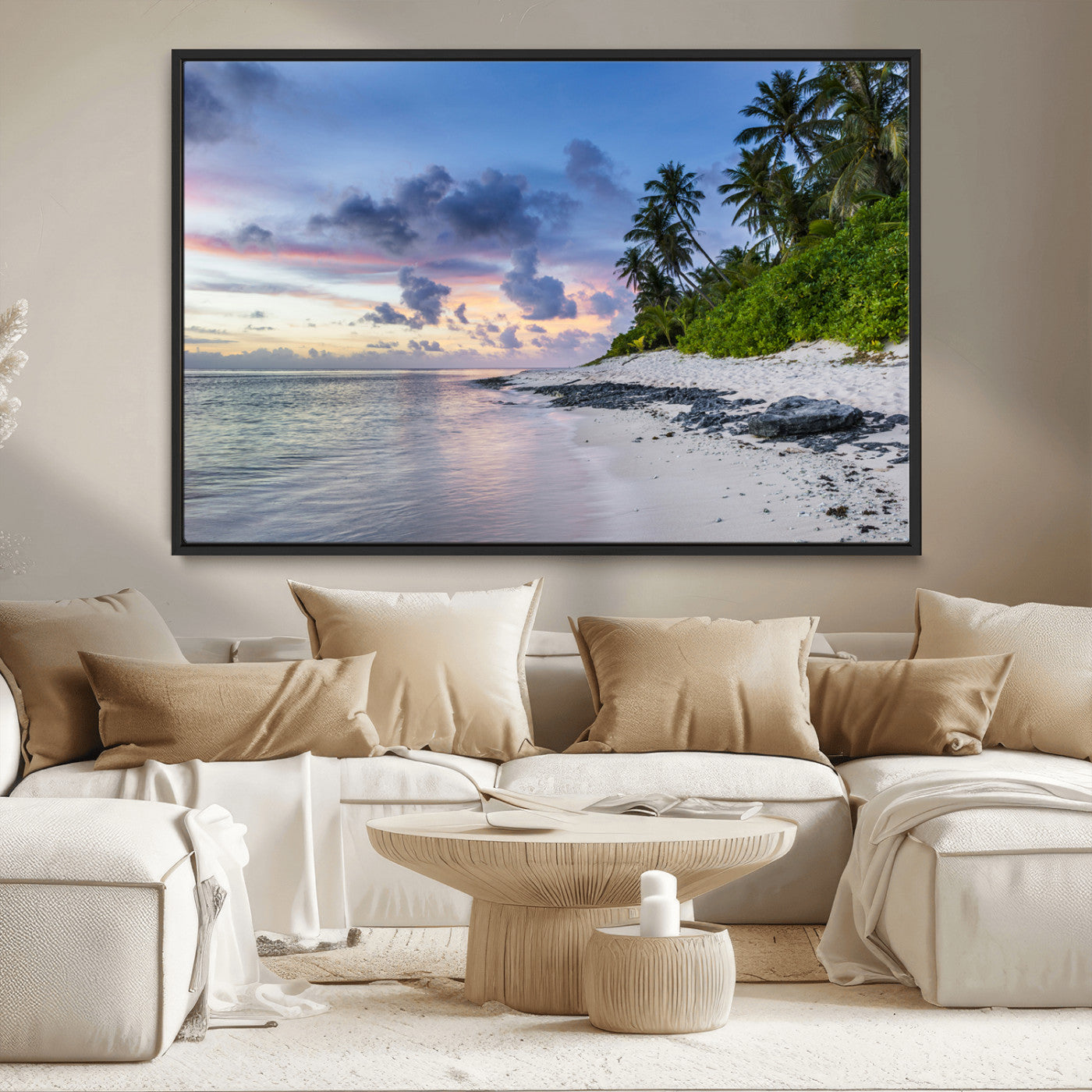 MGV-FC-36X24 - Tropical Beach Wall Art Canvas Print, Framed Sunset Glow Art Picture Print, Palm Tree Coast Perfect Tropical Coastal Decor Artwork