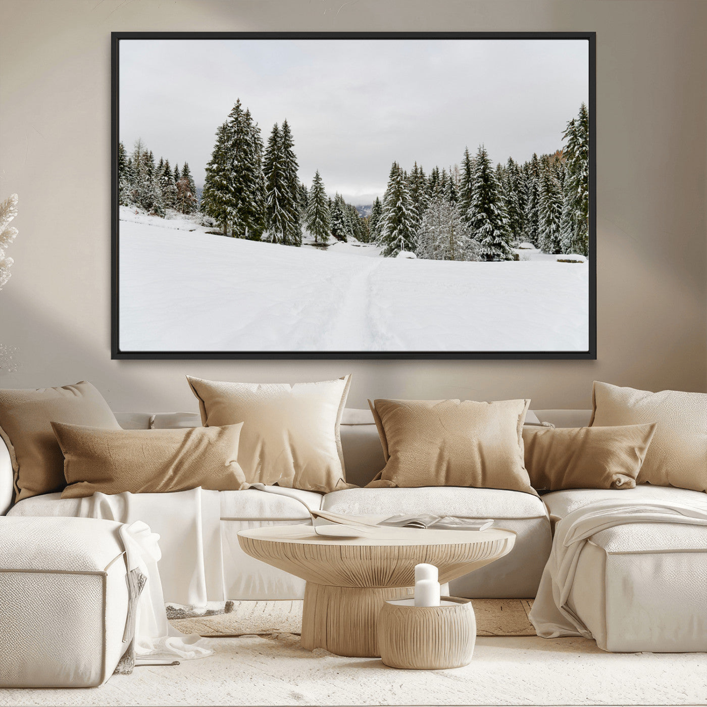 MGV-FC-36X24 - Frosty Pines Wall Art Canvas Print, Framed Silent Snowfall Art Picture Print, Cozy Cabin Vibes Perfect Nordic Minimalist Decor Artwork