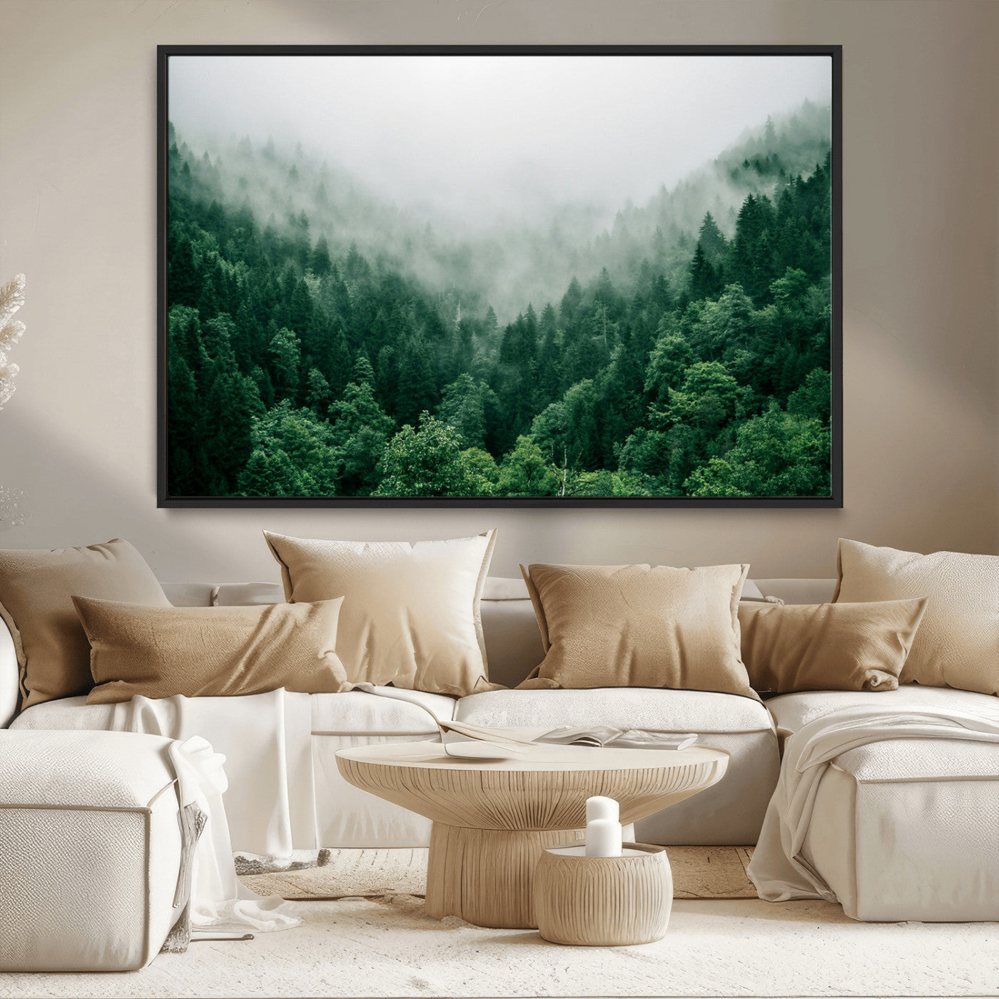 MGV-FC-36X24 - Misty Green Forest Canvas Print – Serene Foggy Pine Landscape Wall Art, Tranquil Nature Decor for