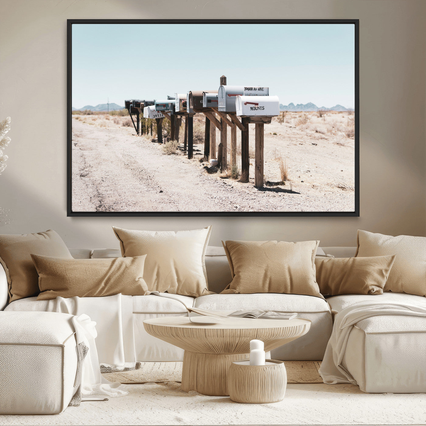MGV-FC-36X24 - Desert Mailboxes Canvas Print – Minimal Western Landscape Photography, Rustic Americana Wall Art for