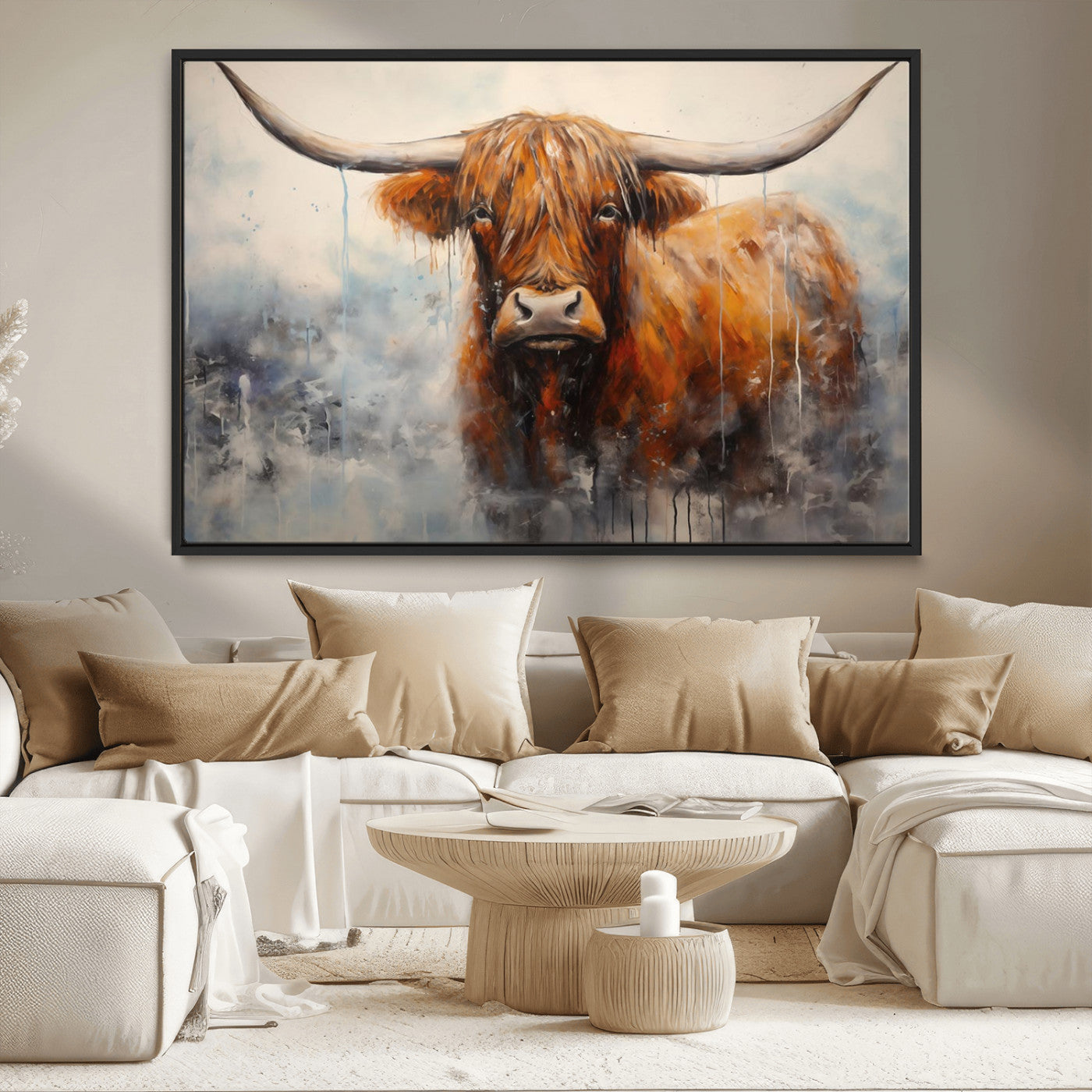 MGV-FC-36X24 - Scottish Highland Wall Art Canvas Print, Framed Longhorn Art Picture Print, Western Cow Perfect Farmhouse Decor Artwork