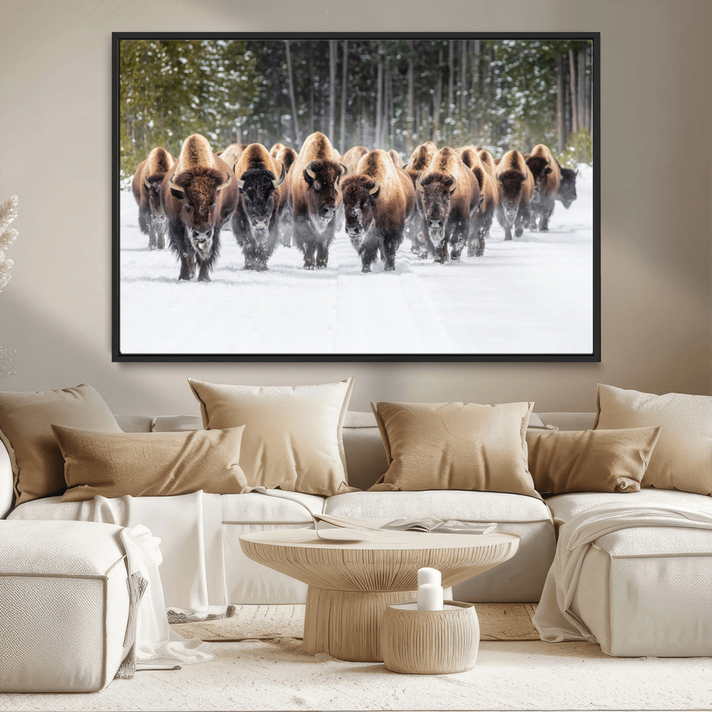 MGV-FC-36X24 - American Bison Herd in Snow Wall Art Canvas Print – Powerful Winter Wildlife Scene with Buffalo in