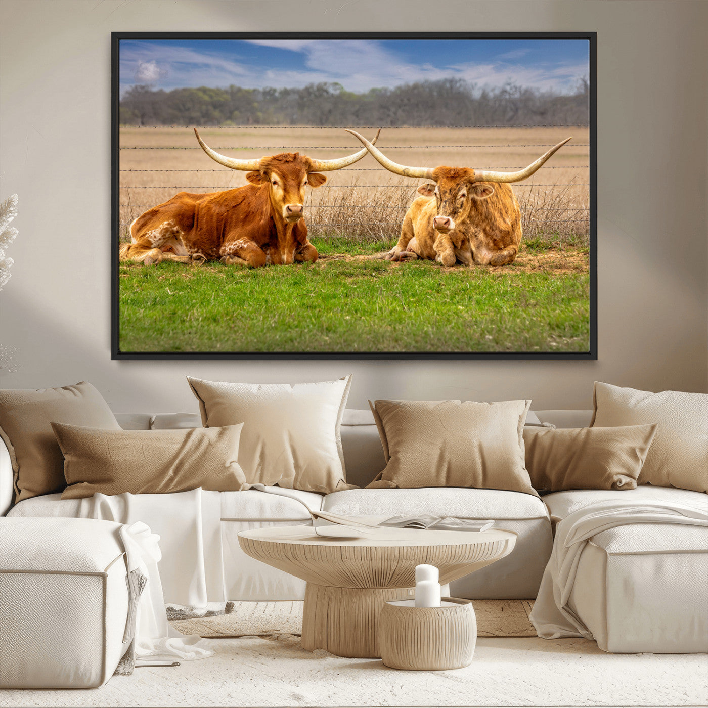 MGV-FC-36X24 - Texas Longhorn Pair Wall Art Canvas Print – Peaceful Rustic Ranch Scene with Two Cattle in Field,