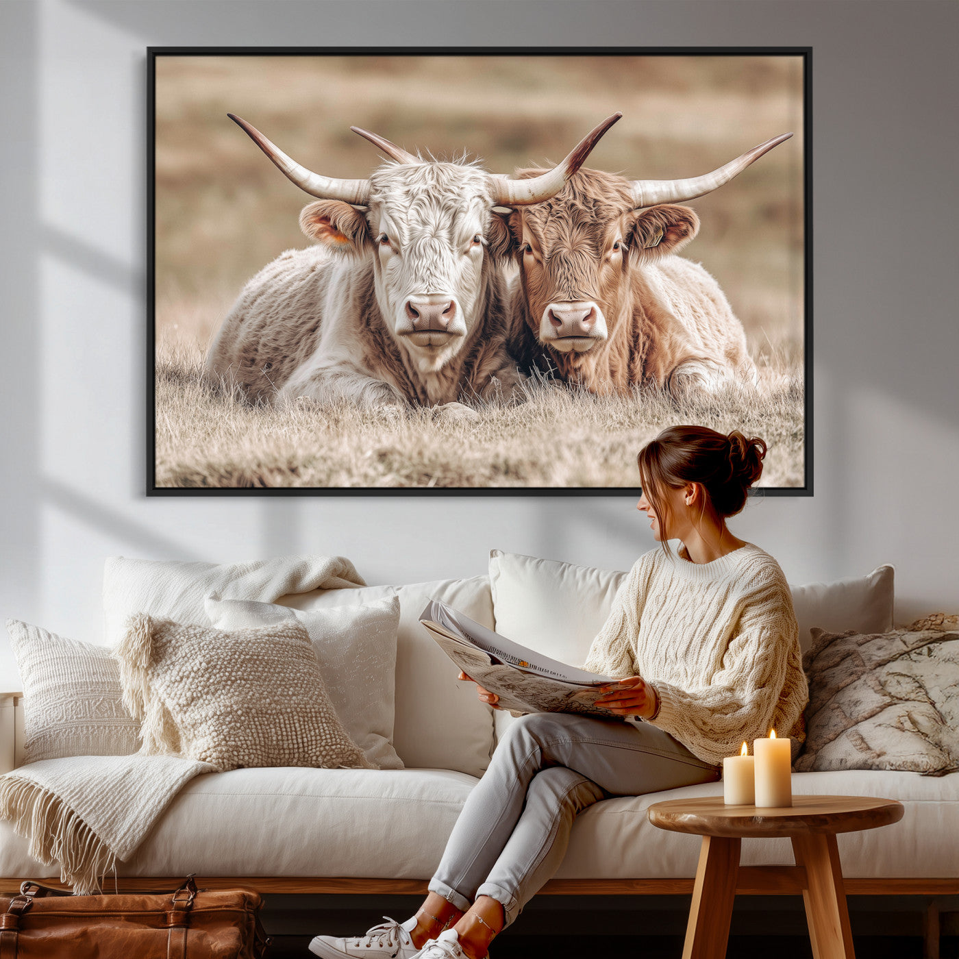 38651722-MGV-CV-36X24 - Highland Cows Meadow Canvas Wall Art – Peaceful Cow Photography Print, Rustic Farmhouse Animal Decor for Country Home, Living Room, Office