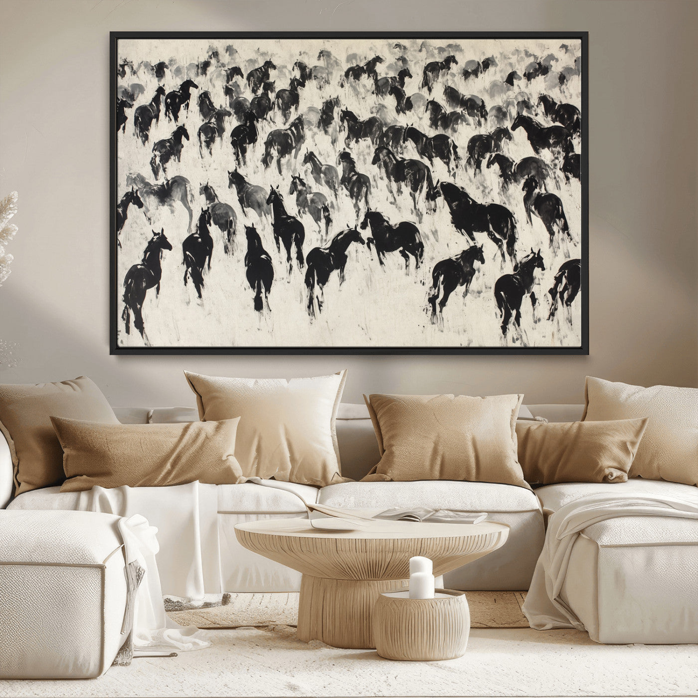 MGV-FC-36X24 - Wild Horse Stampede Wall Art Canvas Print – Monochrome Ink Brush Painting of Running Horses, Perfect
