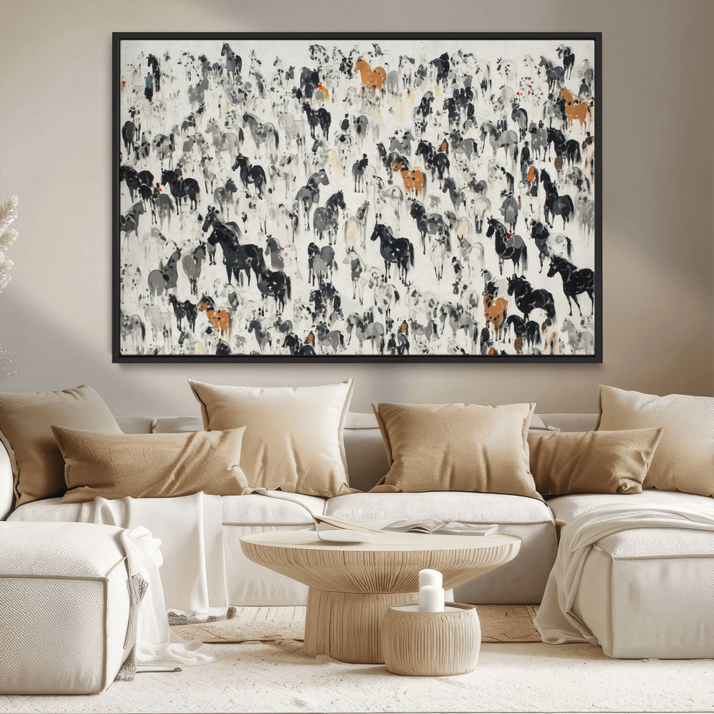 MGV-FC-36X24 - Wild Horse Stampede Wall Art Canvas Print – Monochrome Ink Brush Painting of Running Horses, Perfect