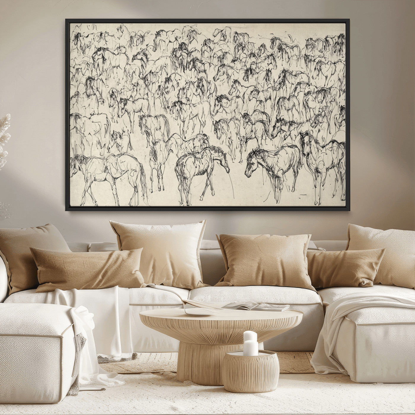 MGV-FC-36X24 - Wild Horse Stampede Wall Art Canvas Print – Monochrome Ink Brush Painting of Running Horses, Perfect