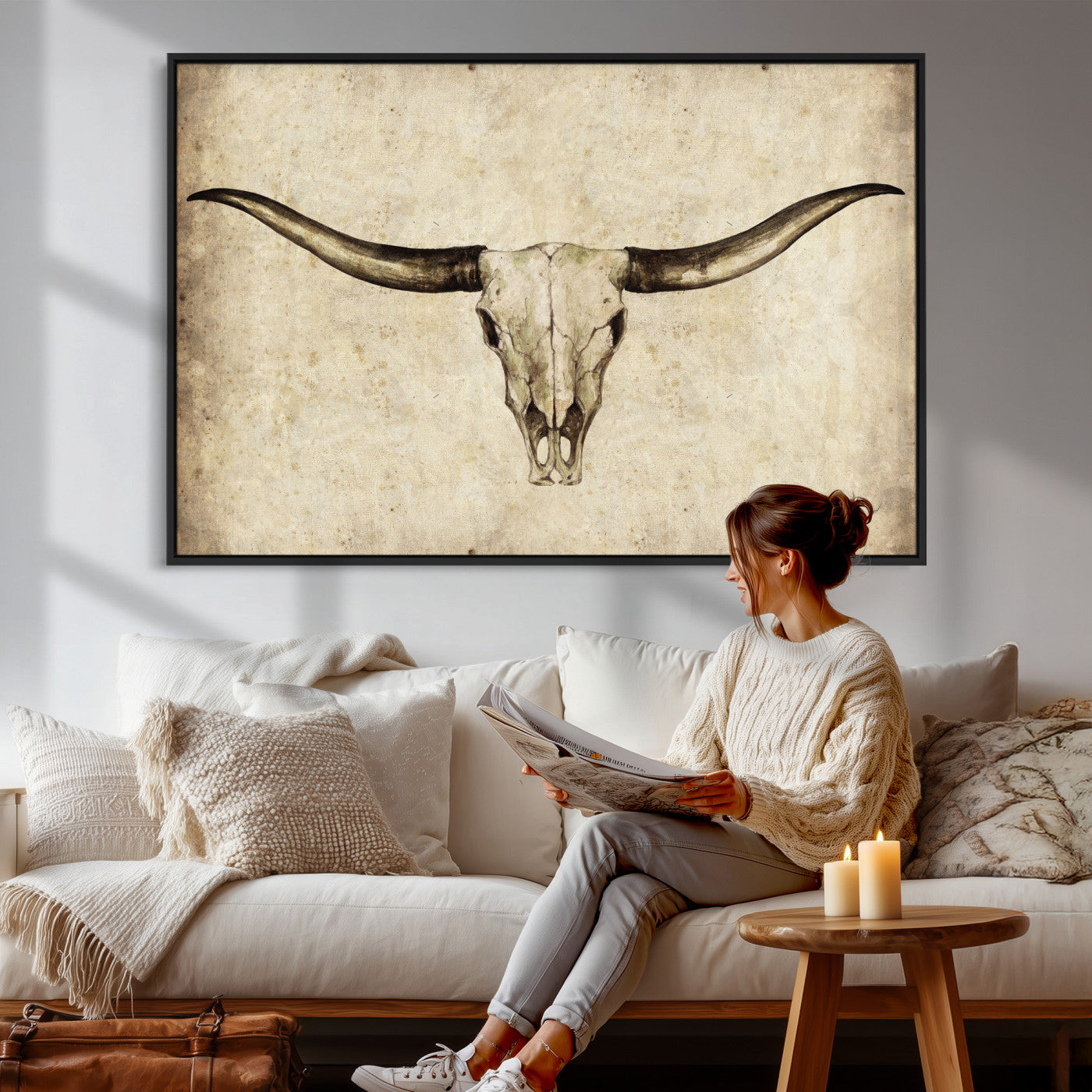 42788678-MGV-CV-36X24 - Longhorn Skull Wall Art Canvas Print – Rustic Western Artwork Print for Living Room Wall Decor