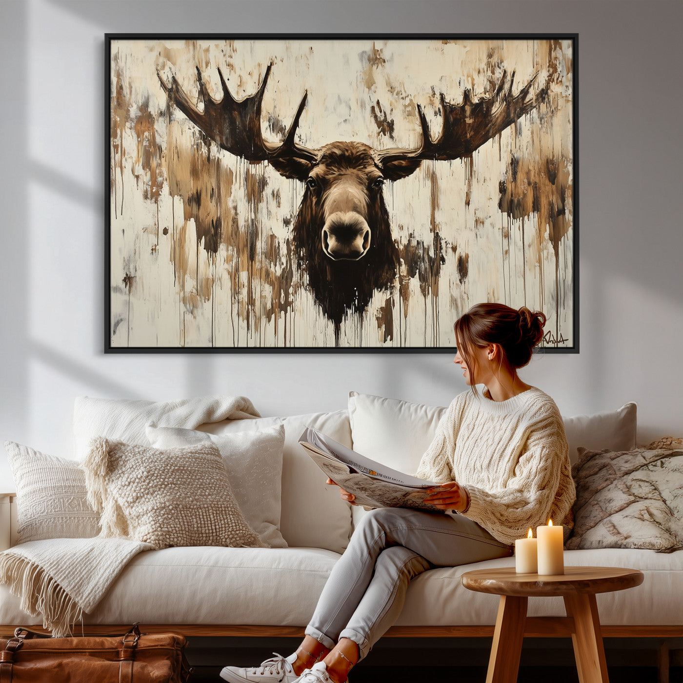 34496536-MGV-CV-36X24 - Powerful Moose Portrait Wall Art – Rich Earthy Tones, Expressive Brushstrokes, Striking Gaze, Raw Nature Vibes Decor for Home or Office