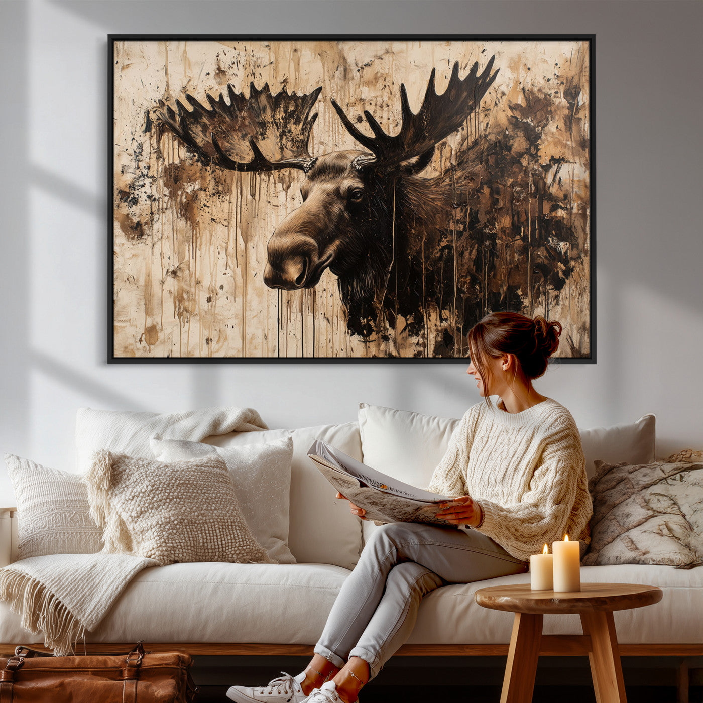 83505059-MGV-CV-36X24 - Moose Canvas Wall Art — Rustic Wildlife Painting Print | Cabin Lodge Decor | Large Animal Wall Art | Moose Gift for Him | Man Cave Art