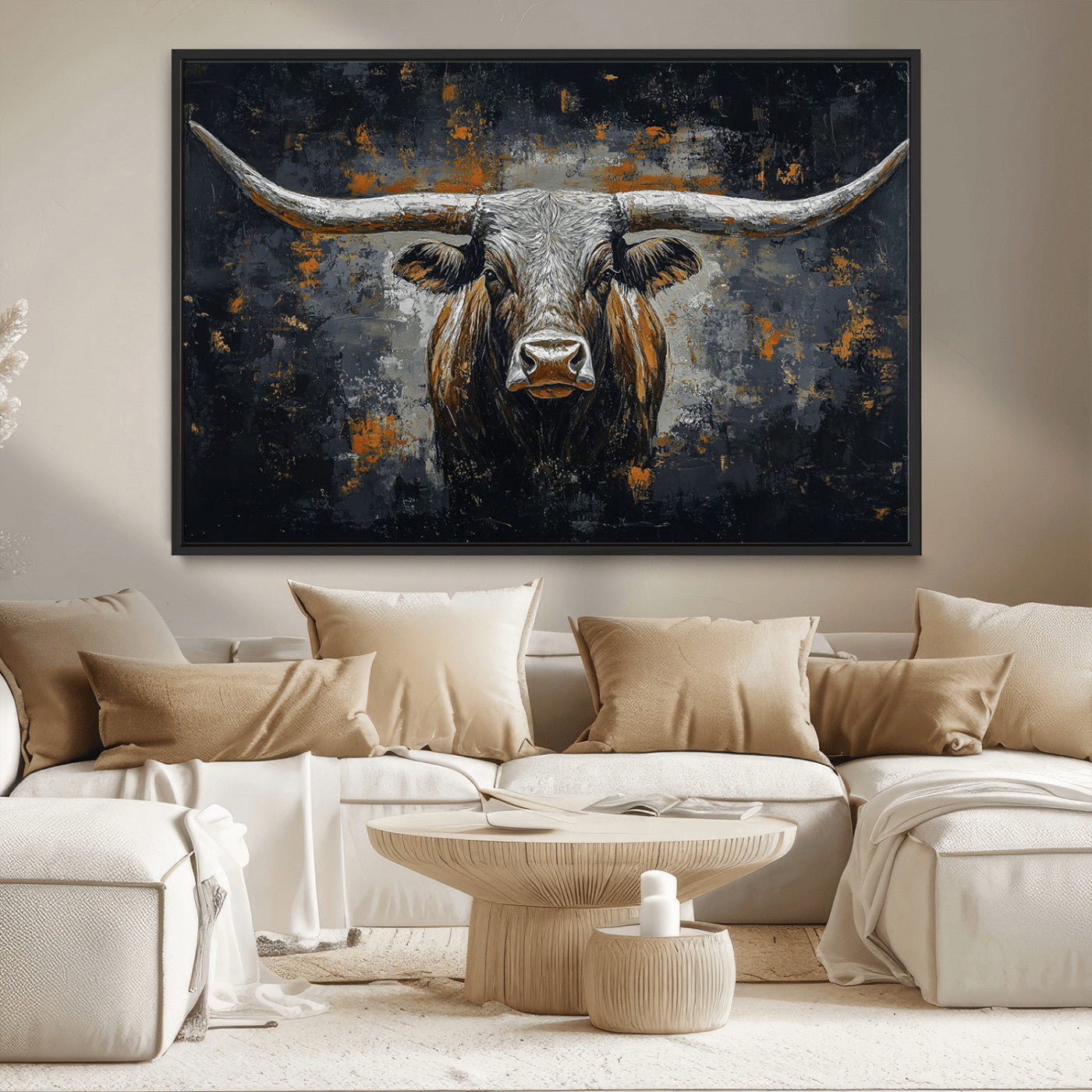 93195031-MGV-CV-36X24-Rustic Longhorn Bull Wall Art Canvas Print – Vintage Western Cattle Painting, Texas Steer Artwork for Ranch, Farmhouse or Cowboy Decor