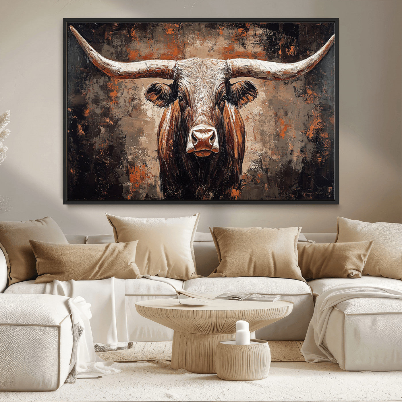 42732393-MGV-CV-36X24-Rustic Longhorn Bull Wall Art Canvas Print – Vintage Western Cattle Painting, Texas Steer Artwork for Ranch, Farmhouse or Cowboy Decor
