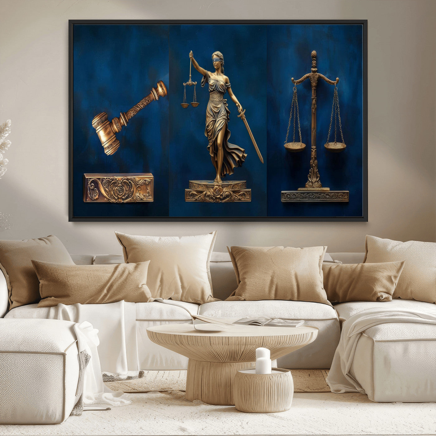 MGV-FC-36X24 - Lady Justice Wall Art Canvas Print – Elegant Gold Legal Symbols on Blue Background, Perfect for Law
