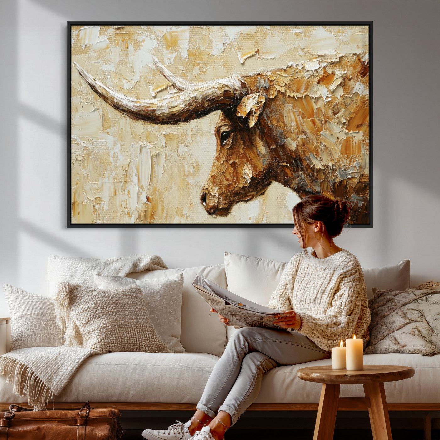 69611428-MGV-CV-36X24 - Rustic Longhorn Bull Wall Art Canvas Print – Vintage Western Cattle Painting, Texas Abstract Wall Cow Prints