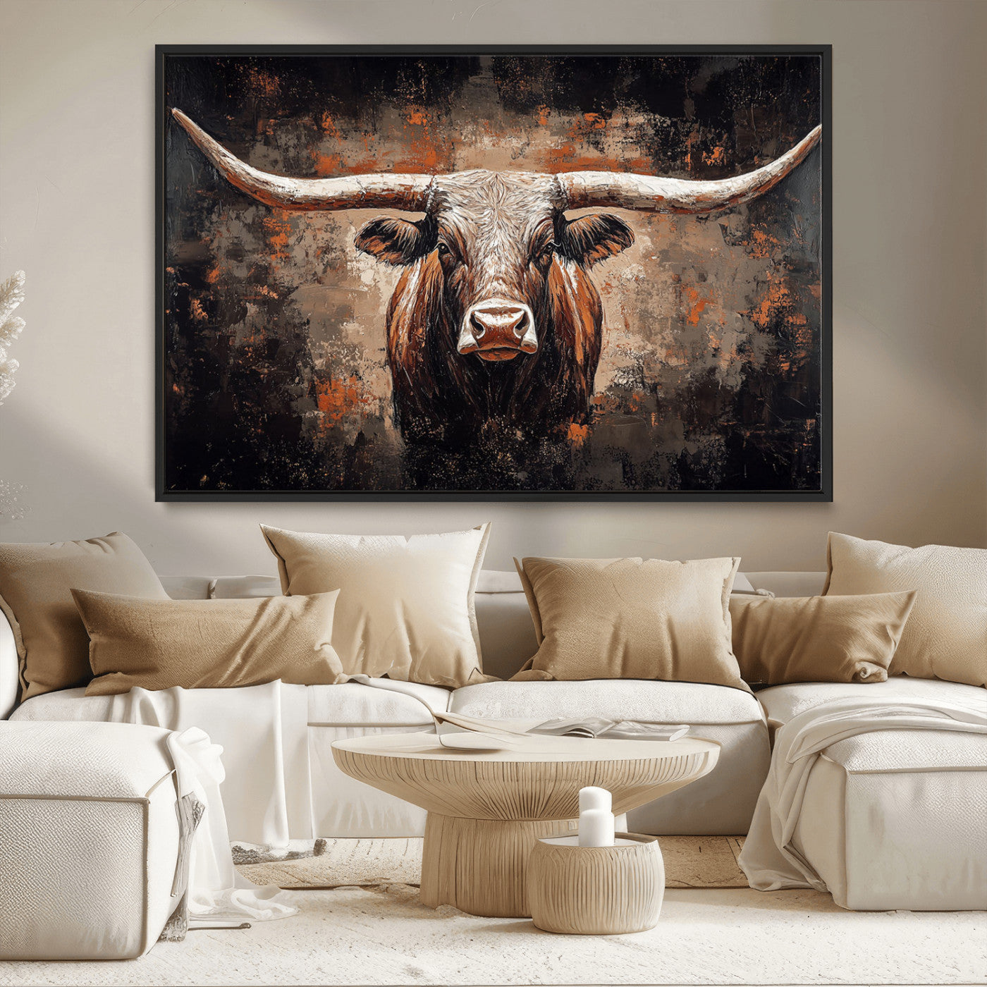 24779067-MGV-CV-36X24-Rustic Longhorn Bull Wall Art Canvas Print – Vintage Western Cattle Painting, Texas Steer Artwork for Ranch, Farmhouse or Cowboy Decor