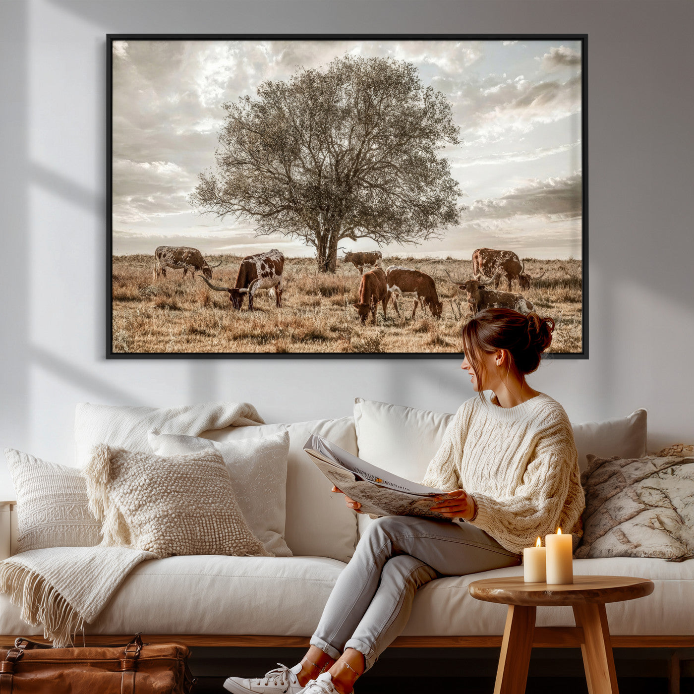 87590224-MGV-CV-36X24 - Texas Longhorn Cattle Wall Art Canvas Print – Rustic Western Ranch Scene with Steers at Sunset, Perfect for Farmhouse or Cowboy Decor
