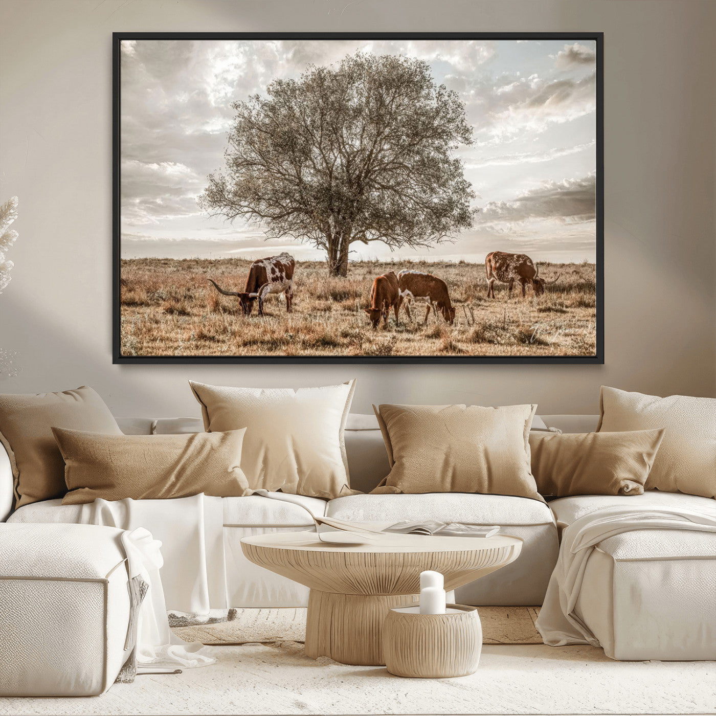 Texas Longhorn Cattle Wall Art Canvas Print – Rustic Western Ranch Scene with Steers at Sunset, Perfect for Farmhouse or Cowboy Decor