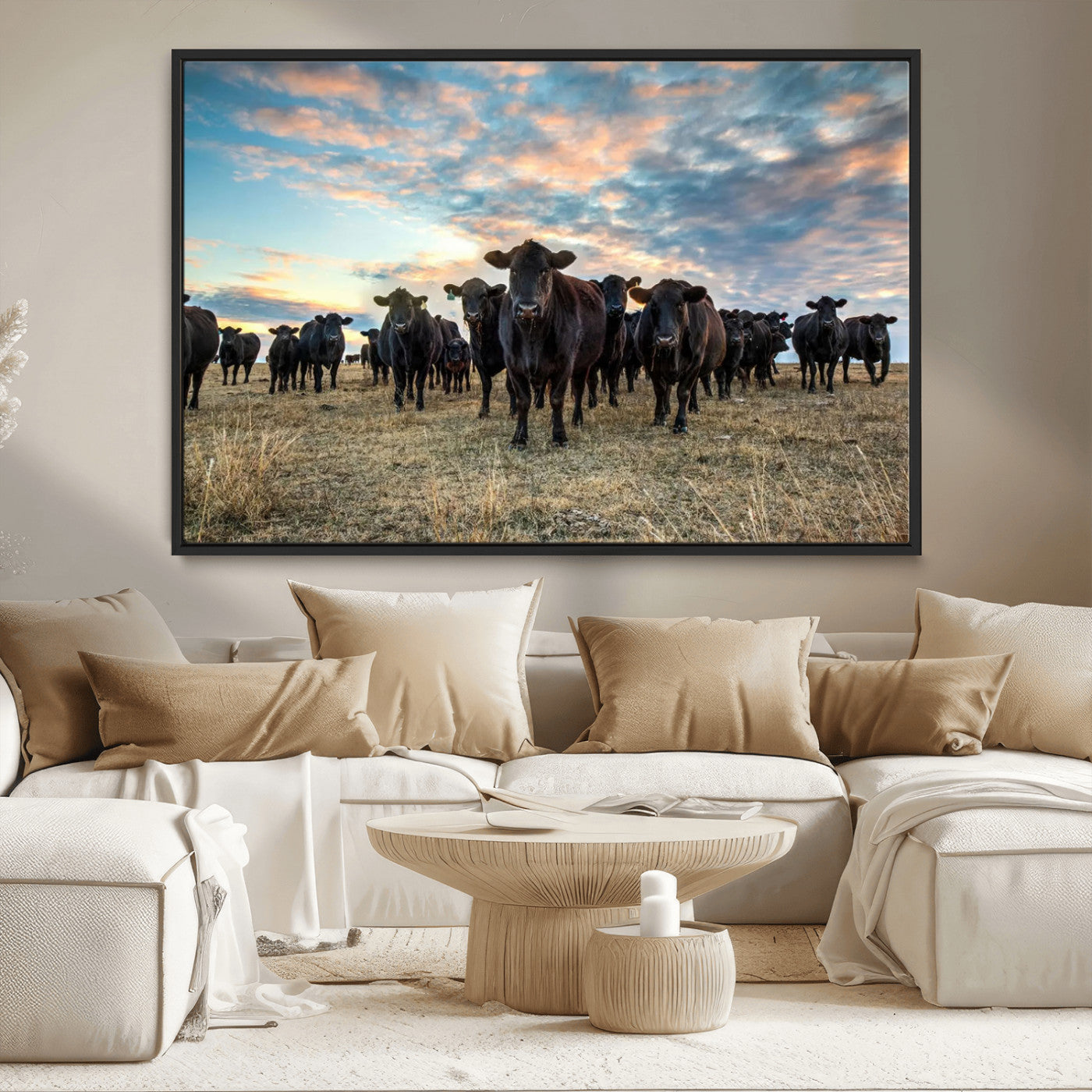 13867292-MGV-CV-36X24-Texas Longhorn Cattle Wall Art Canvas Print – Rustic Western Ranch Scene with Steers at Sunset, Perfect for Farmhouse or Cowboy Decor