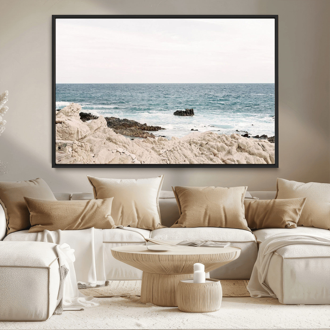 25481980-MGV-CV-36X24-Coastal Ocean View Wall Art Canvas Print – Serene Rocky Shoreline and Blue Sea Photography for Coastal Chic or Minimalist Home Decor