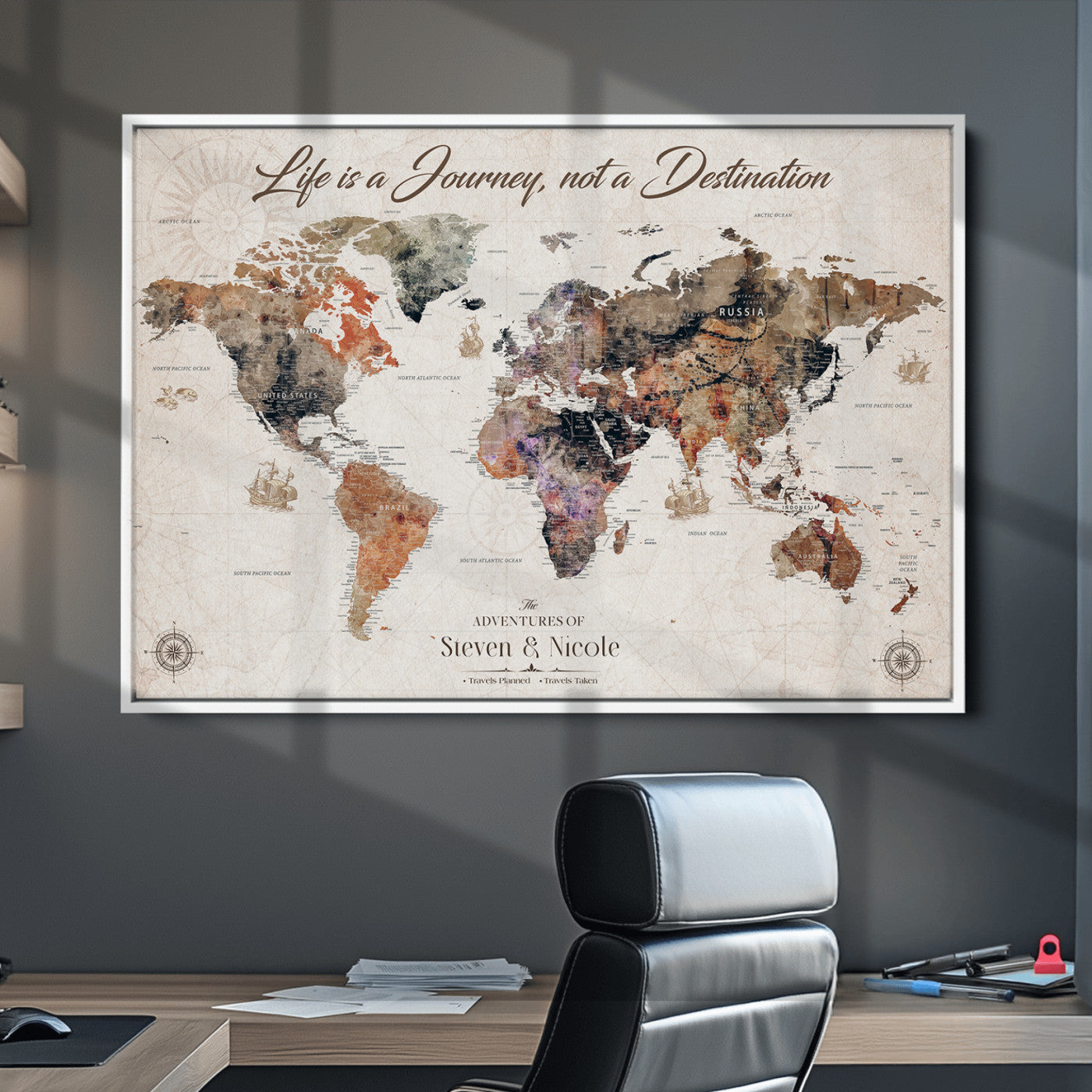96000140-MGV-CV-36X24-Custom Push Pin World Map Wall Canvas Print – Personalized Travel Tracker with Pins – Framed Large Multi-Size Canvas for Home Office Decor