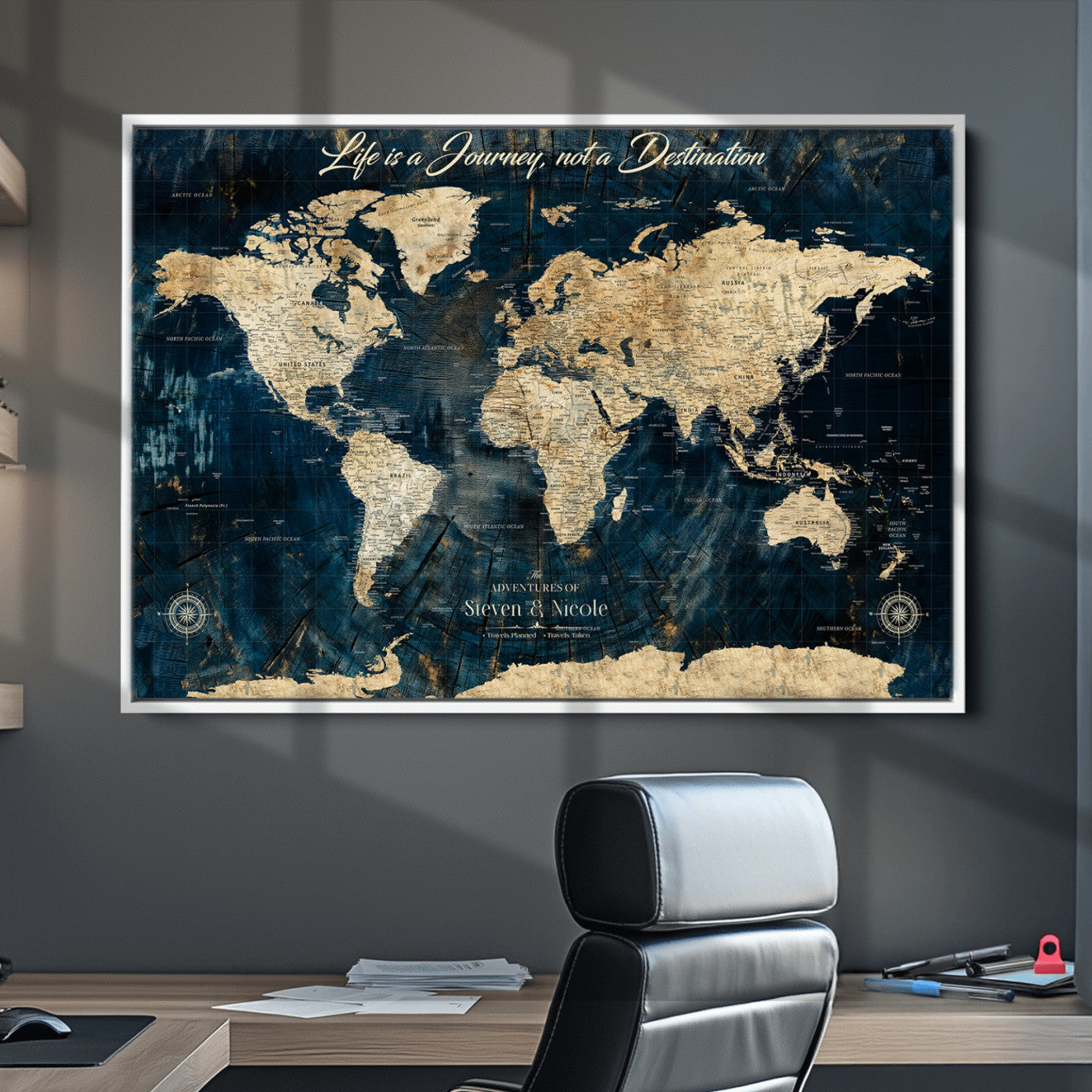 23551206-MGV-CV-36X24-Custom Push Pin World Map Wall Canvas Print – Personalized Travel Tracker with Pins – Framed Large Multi-Size Canvas for Home Office Decor