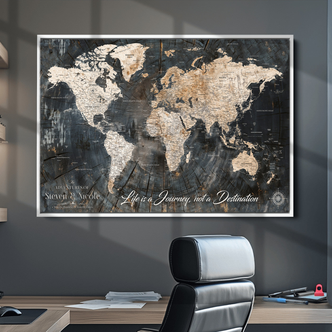 13001721-MGV-CV-36X24-Custom Push Pin World Map Wall Canvas Print – Personalized Travel Tracker with Pins – Framed Large Multi-Size Canvas for Home Office Decor