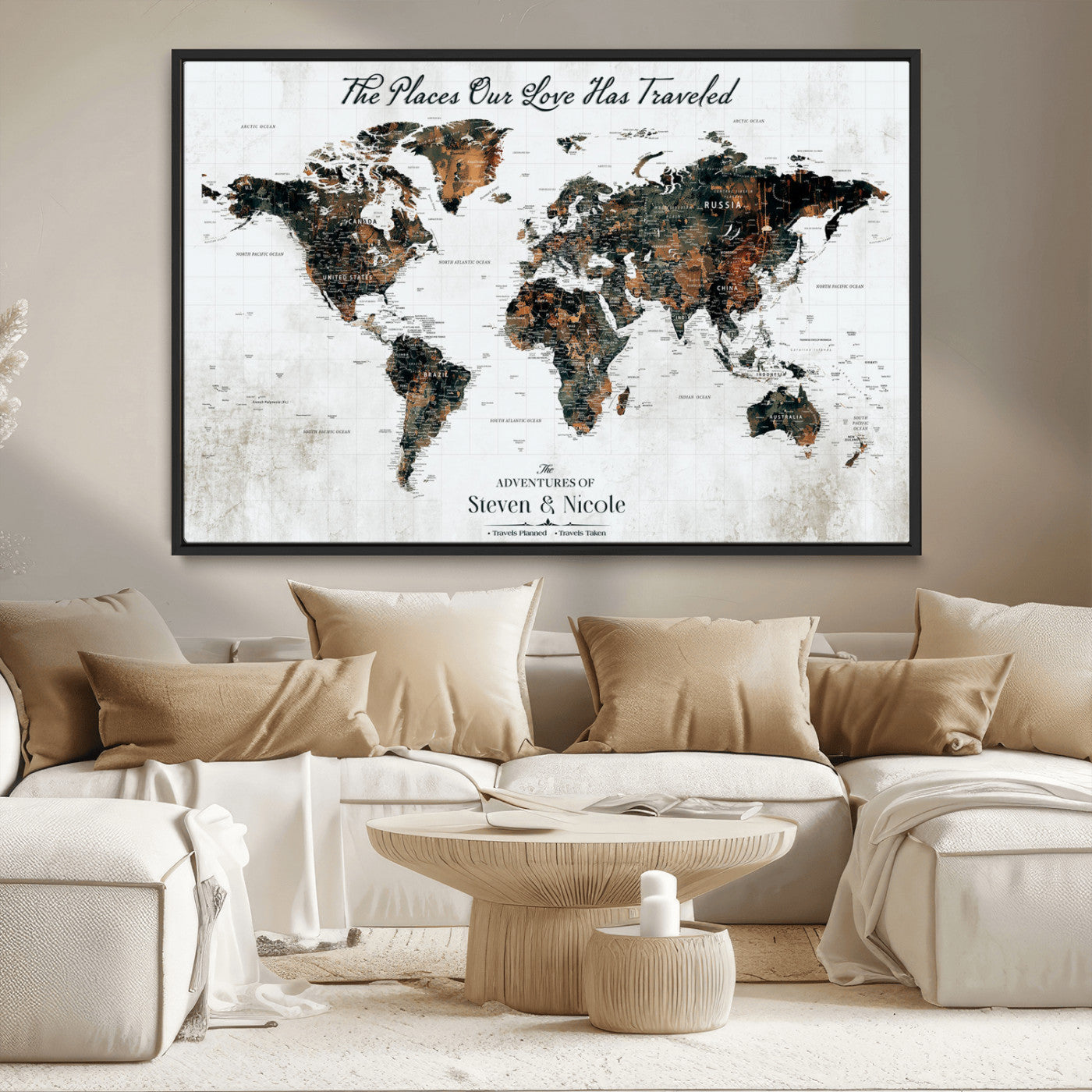 89231588-MGV-CV-36X24-World Travel Map with Pins – Framed Canvas Print to Track Adventures and Create a Visual Travel Journal, Ideal Wall Art for Home - H17