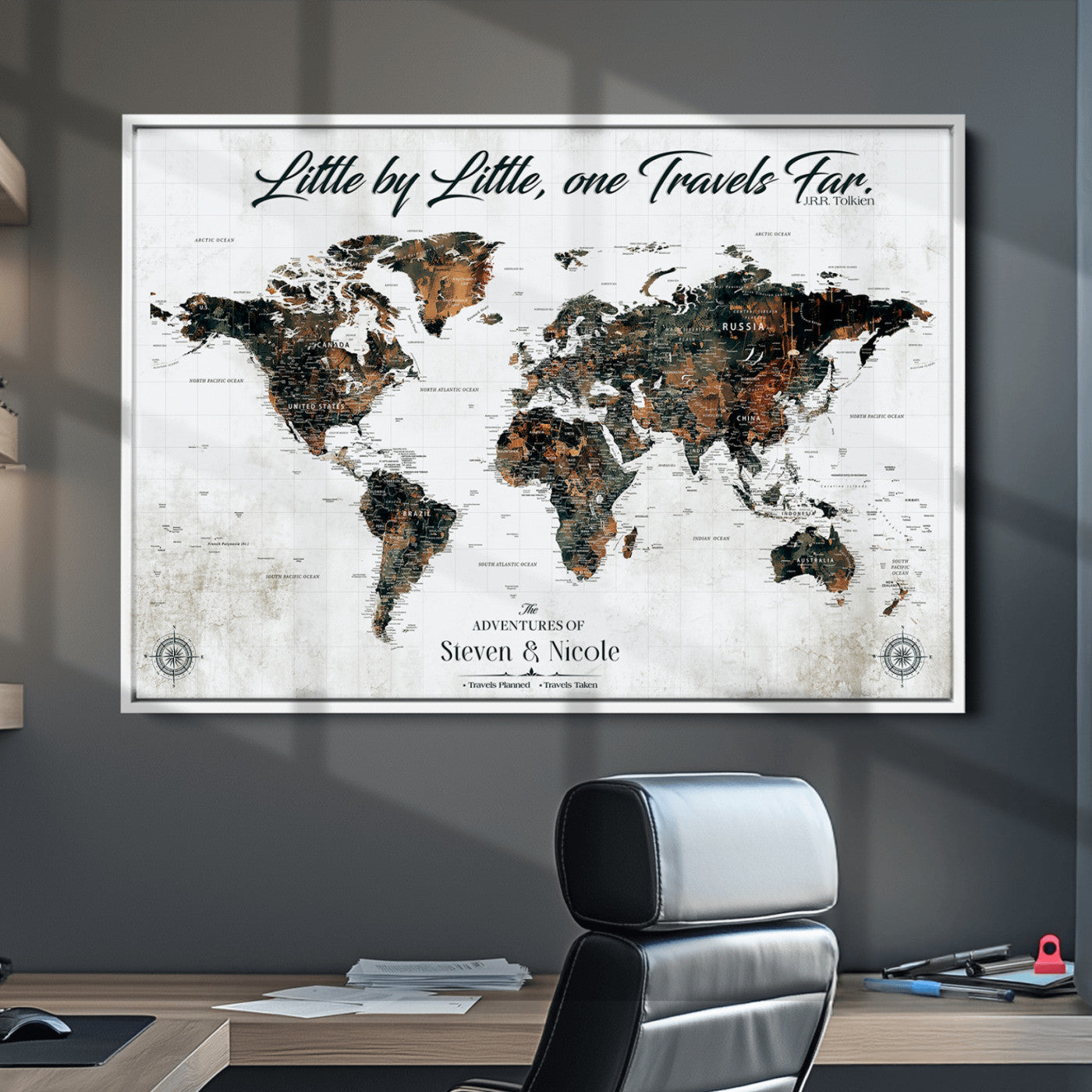 89231588-MGV-CV-36X24-Custom Push Pin World Map Wall Canvas Print – Personalized Travel Tracker with Pins – Framed Large Multi-Size Canvas for Home Office Decor