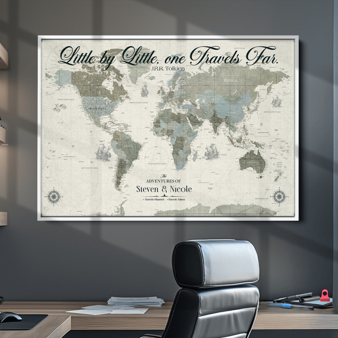 72081300-MGV-CV-36X24-Custom Push Pin World Map Wall Canvas Print – Personalized Travel Tracker with Pins – Framed Large Multi-Size Canvas for Home Office Decor