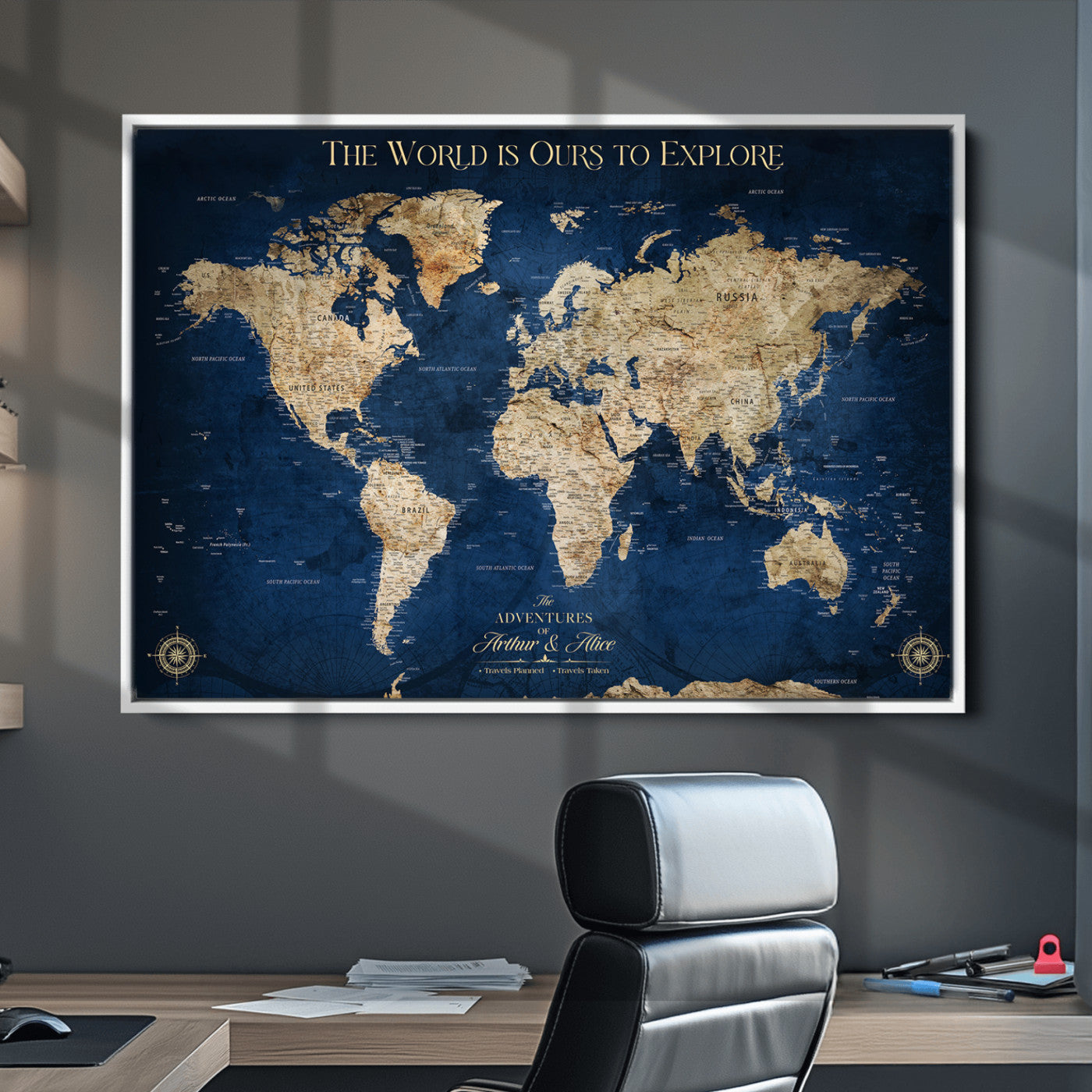 10181149-MGV-CV-36X24-Custom Push Pin World Map Wall Canvas Print – Personalized Travel Tracker with Pins – Framed Large Multi-Size Canvas for Home Office Decor