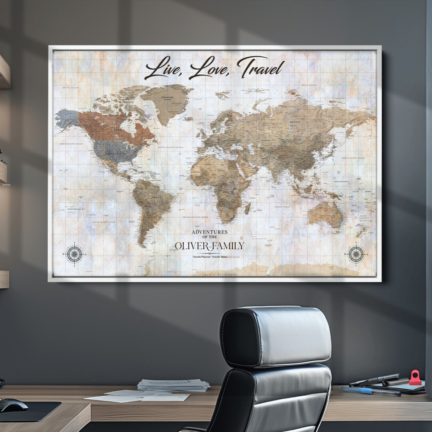 76256172-MGV-CV-36X24-Custom Push Pin World Map Wall Canvas Print – Personalized Travel Tracker with Pins – Framed Large Multi-Size Canvas for Home Office Decor