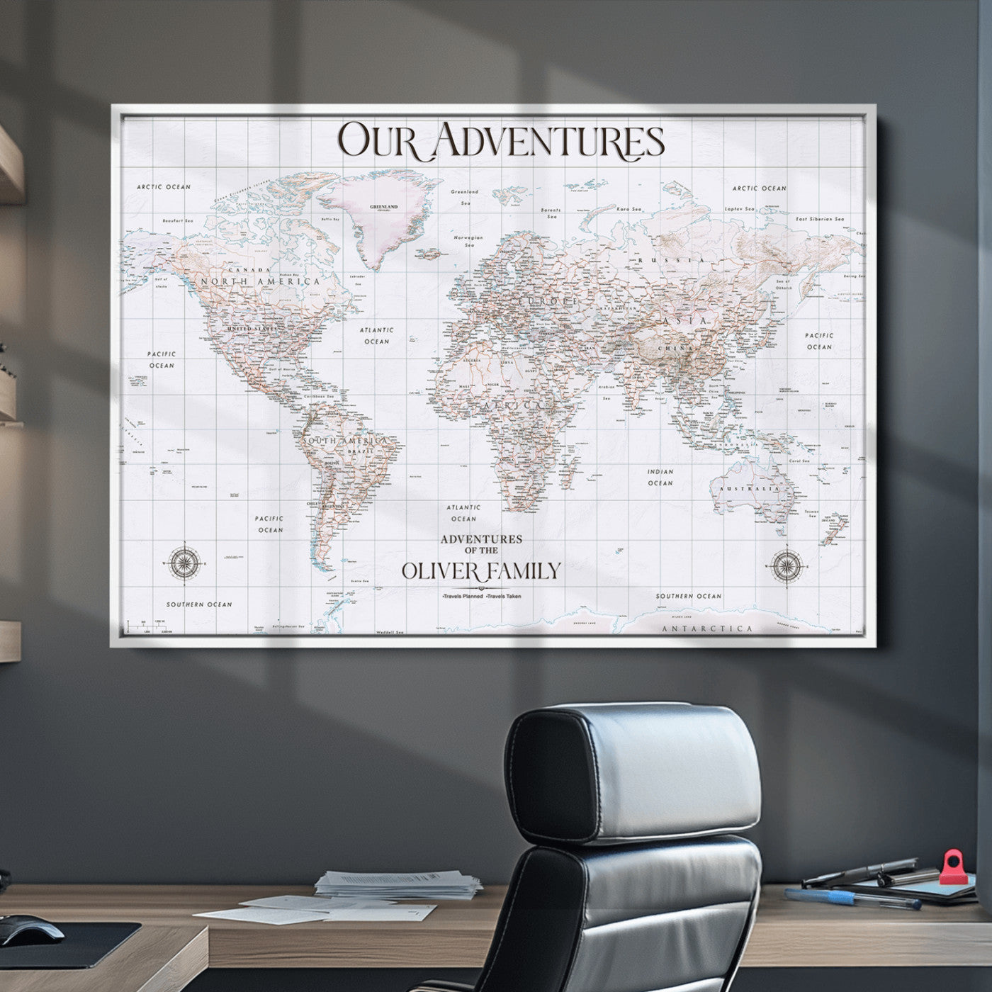 40041157-MGV-CV-36X24-Custom Push Pin World Map Wall Canvas Print – Personalized Travel Tracker with Pins – Framed Large Multi-Size Canvas for Home Office Decor