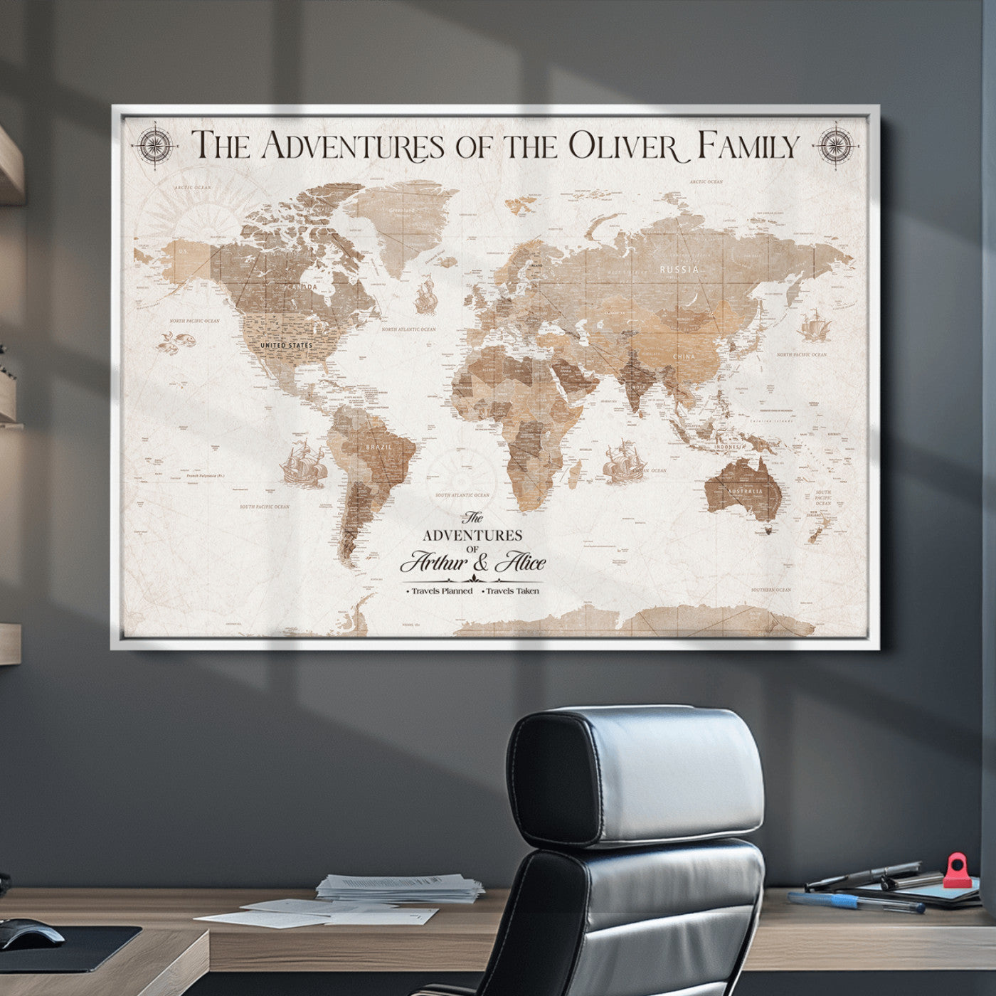 58395047-MGV-CV-36X24-Custom Push Pin World Map Wall Canvas Print – Personalized Travel Tracker with Pins – Framed Large Multi-Size Canvas for Home Office Decor