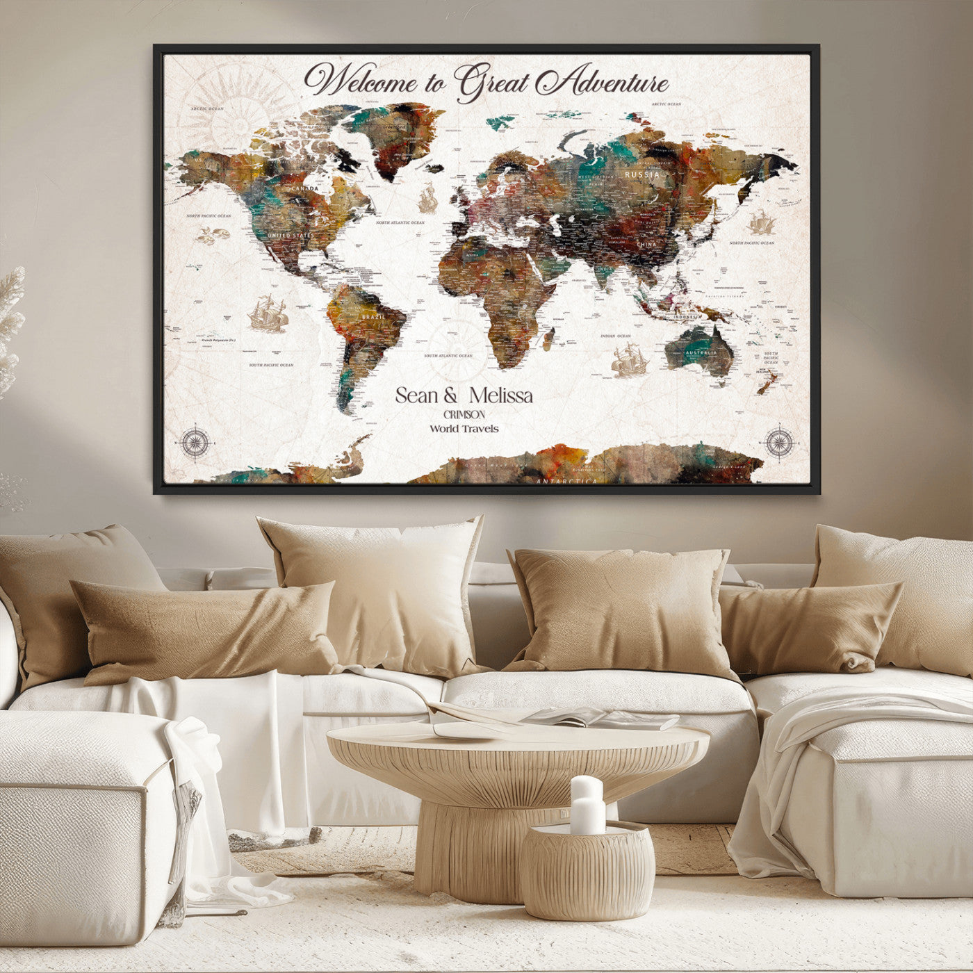 92462592-MGV-CV-36X24-Customize Push Pin World Map Wall Canvas Print – Personalizable Travel World Map with Pins – Framed Personalized Map Print for Couple Gift - H31