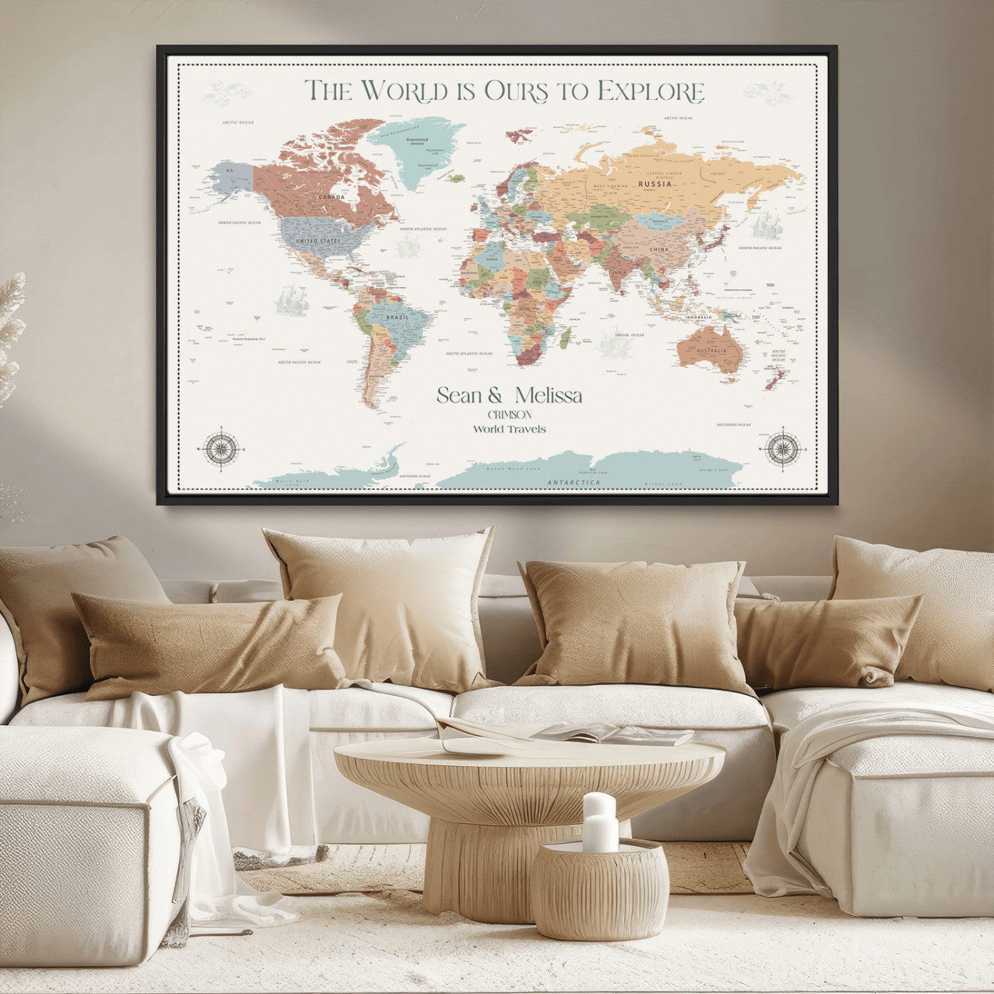 90968866-MGV-CV-36X24-Custom Push Pin World Map Wall Canvas Print – Personalized Travel Tracker with Pins – Framed Large Multi-Size Canvas for Home Office Decor