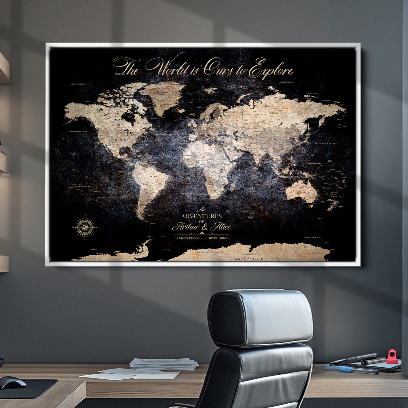 21010471-MGV-CV-36X24-Customize Push Pin World Map Wall Canvas Print, Personalized Travel Tracker with Pins, Framed Large Canvas for Home Office Decor - H37
