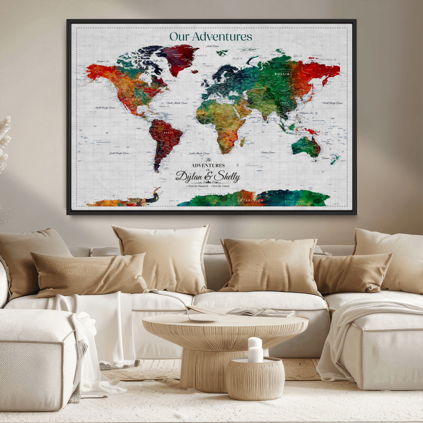 50035254-MGV-CV-36X24-Watercolor Personalized World Map Canvas Print - Customizable Push Pin Framed World Map Print - Custom Quote on Map Print