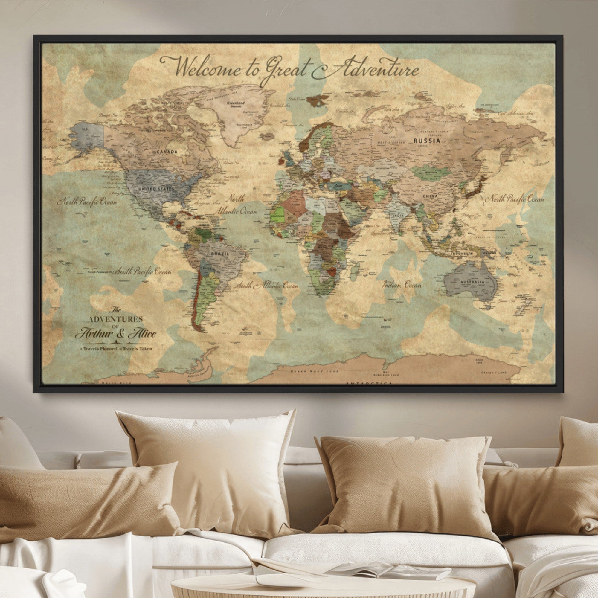 Rehber01-MGV-CV-36X24-Personalized World Map Canvas Wall Art – Custom Framed Push Pin Travel Tracker Print, Unique Gift for Home or Office Decor